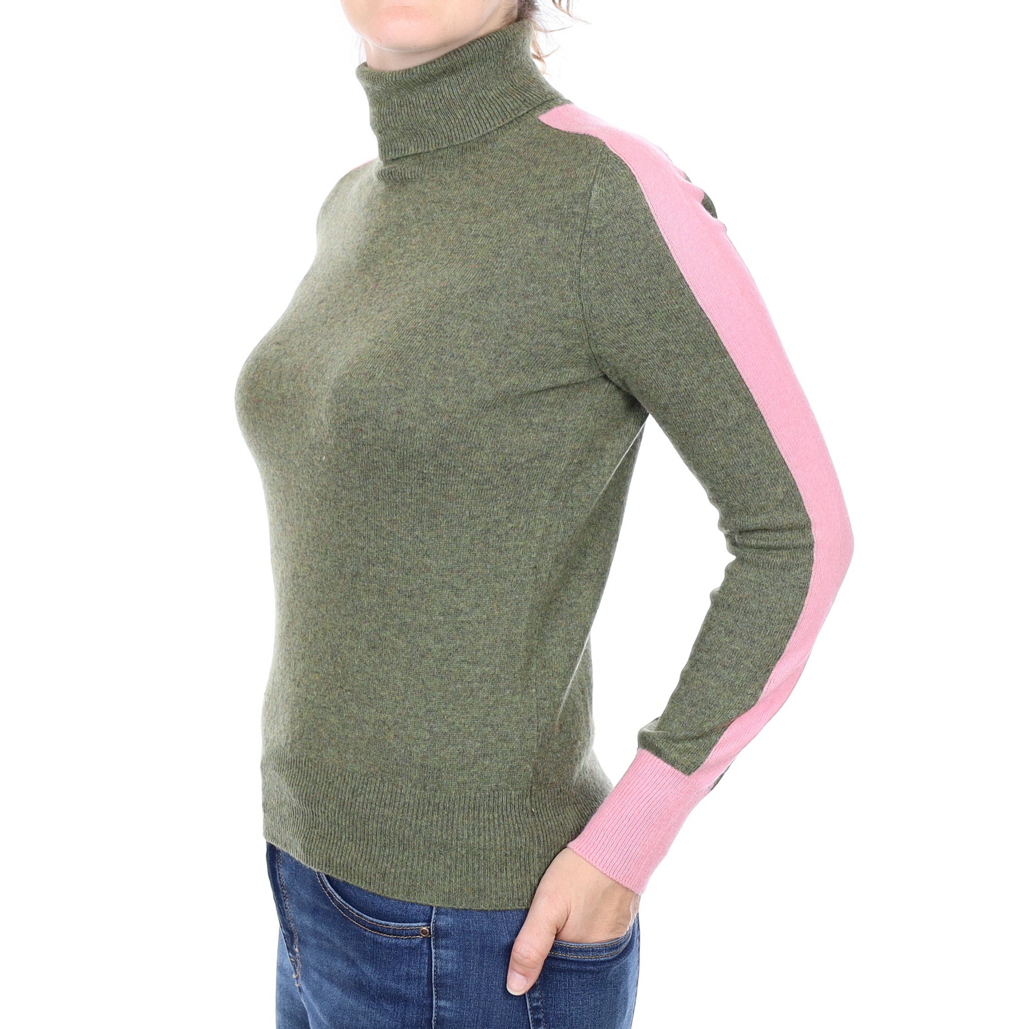 Khaki and Pink Stripe Cashmere Polo Neck Jumper Small