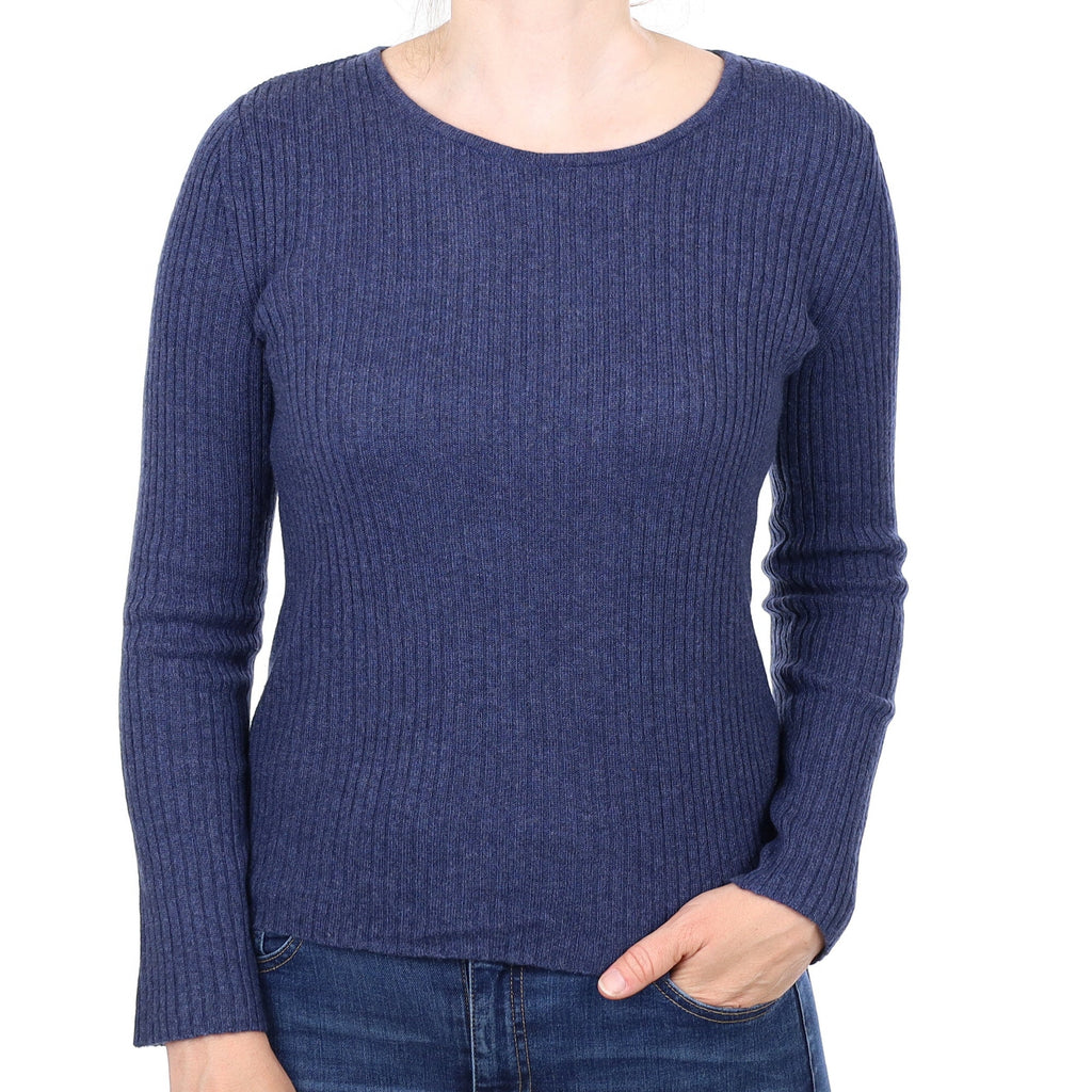 Denim Blue  Ribbed Cashmere Crew Neck Jumper Small