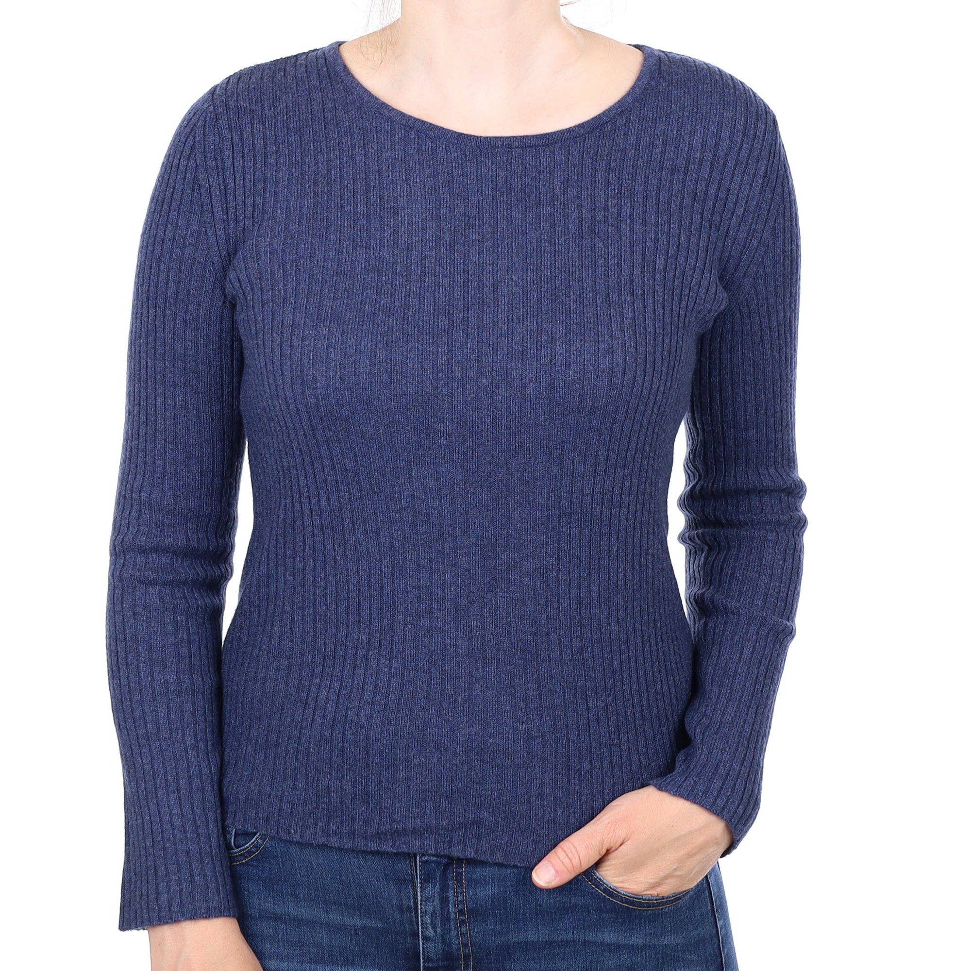 Denim Blue  Ribbed Cashmere Crew Neck Jumper Small