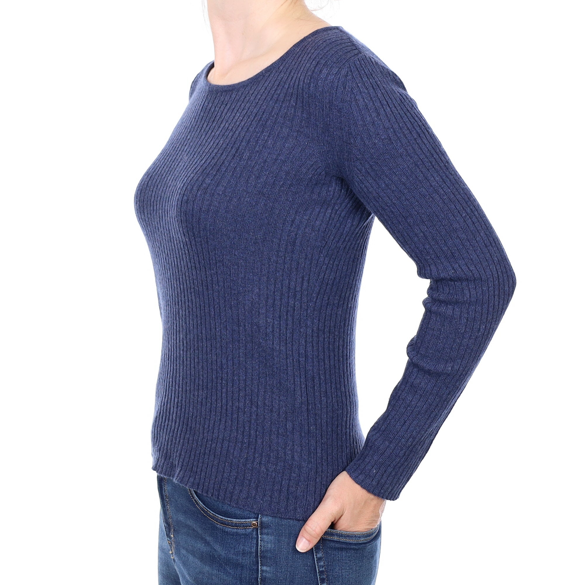 Denim Blue  Ribbed Cashmere Crew Neck Jumper Small