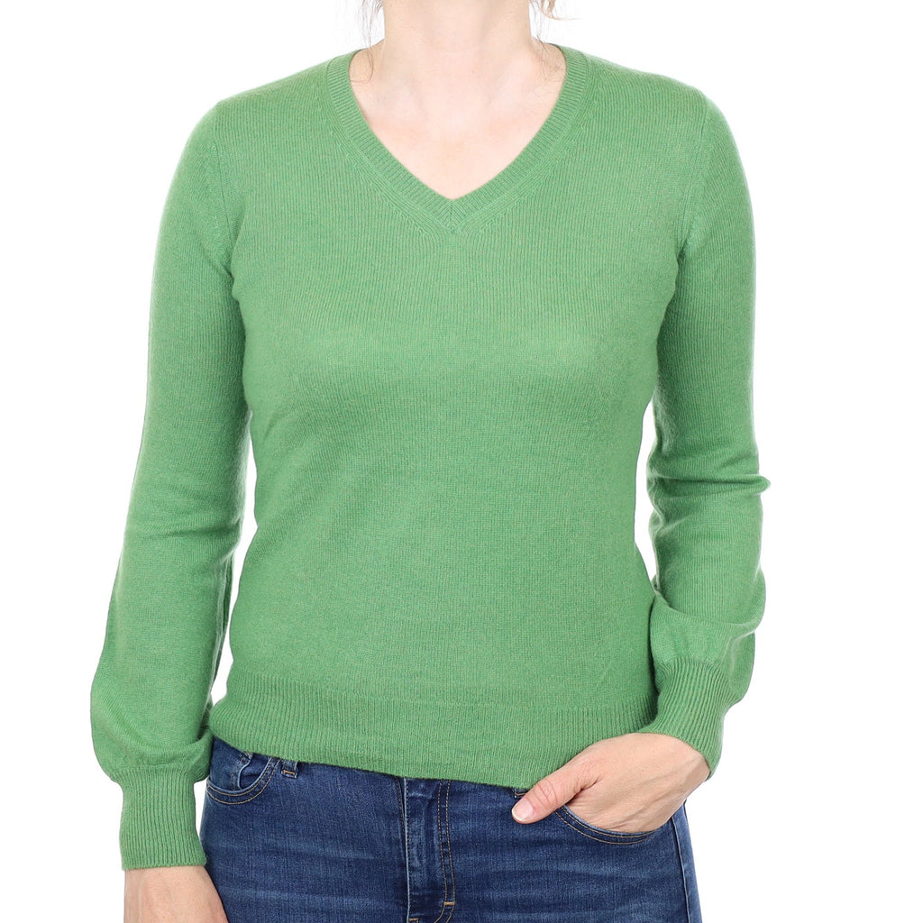 Fern Green Cashmere V Neck Jumper Small