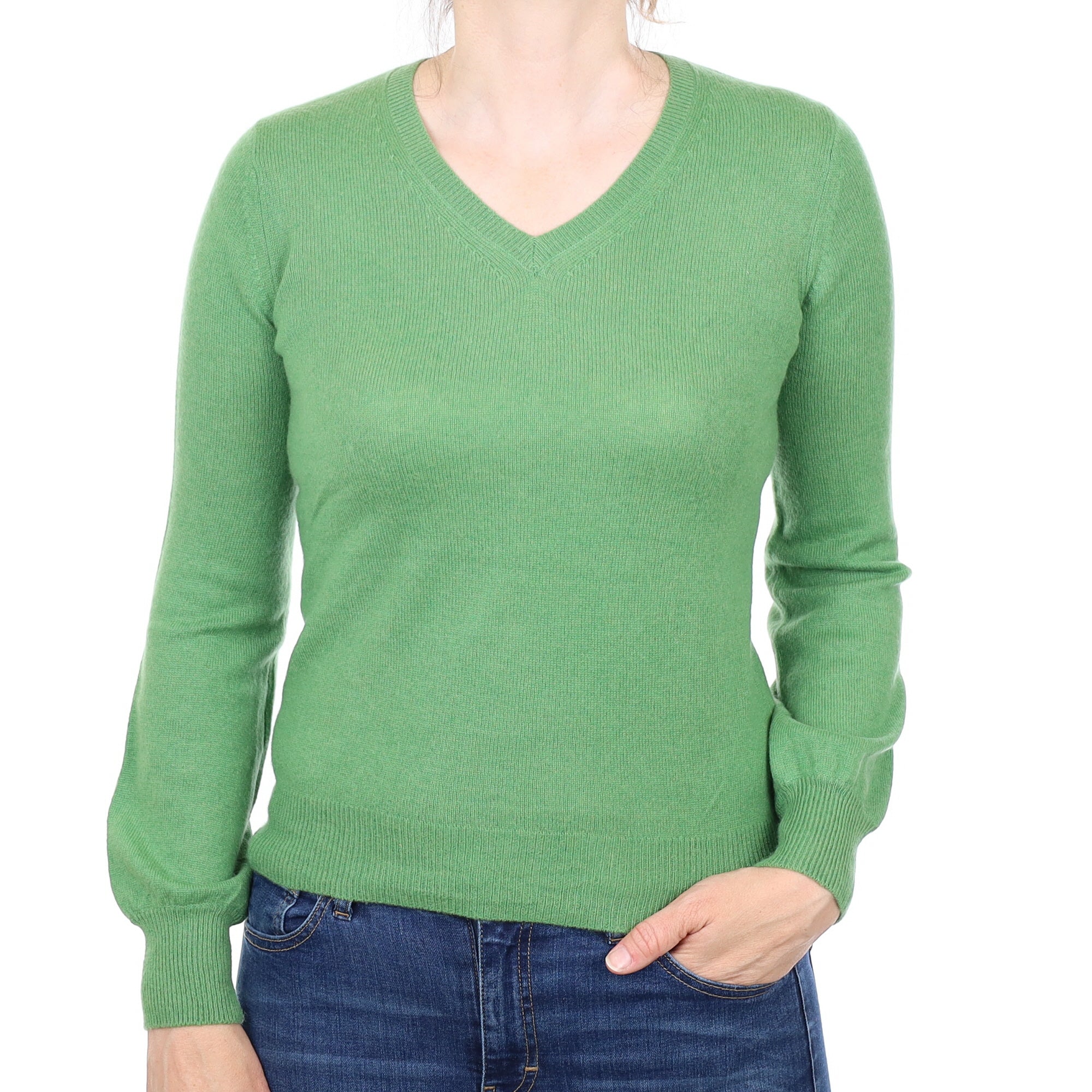 Fern Green Cashmere V Neck Jumper Small