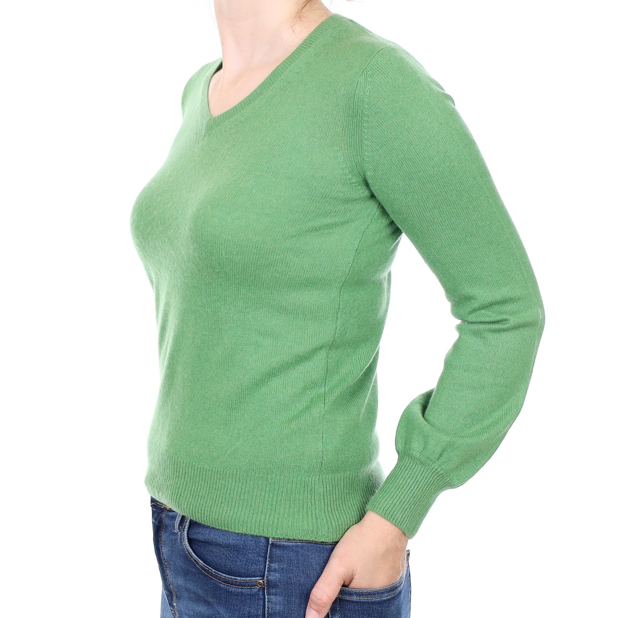 Fern Green Cashmere V Neck Jumper Small