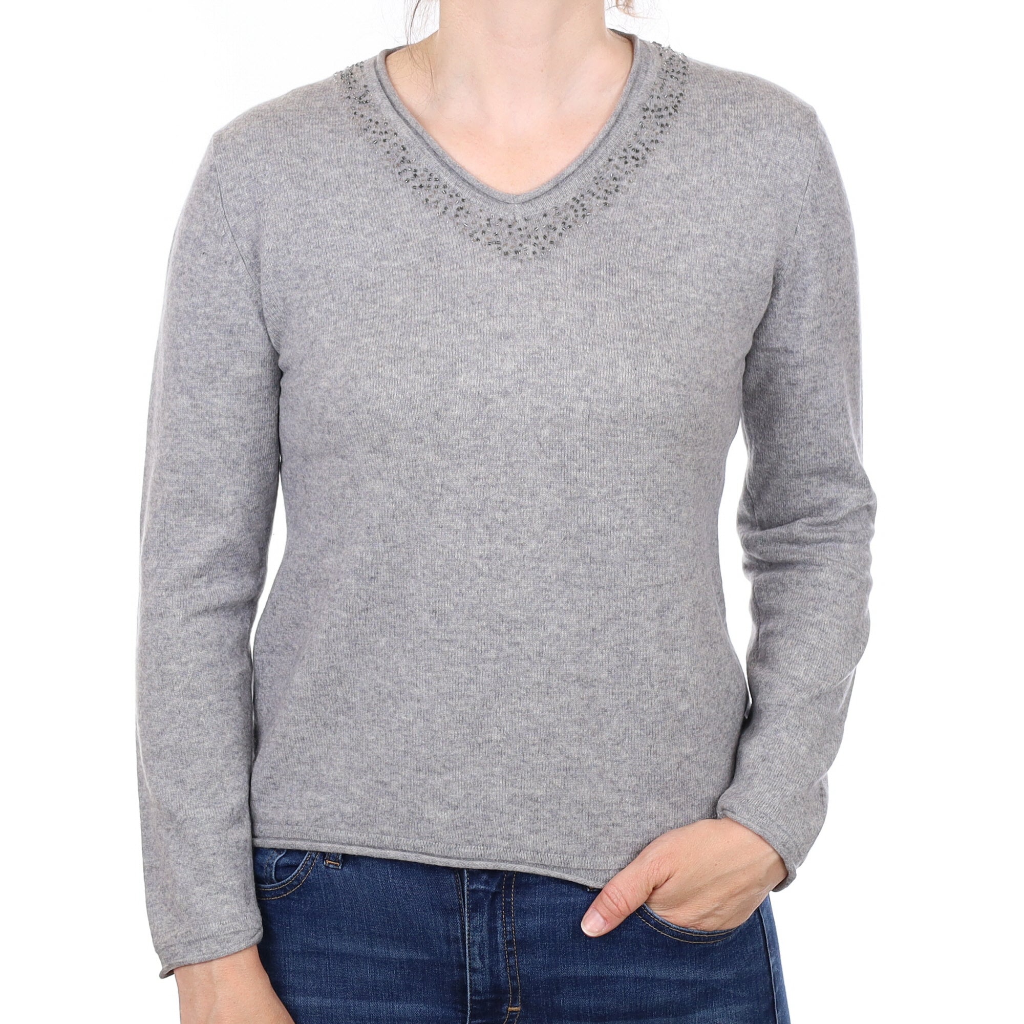 Ash Grey Embellished Cashmere V Neck Jumper Small