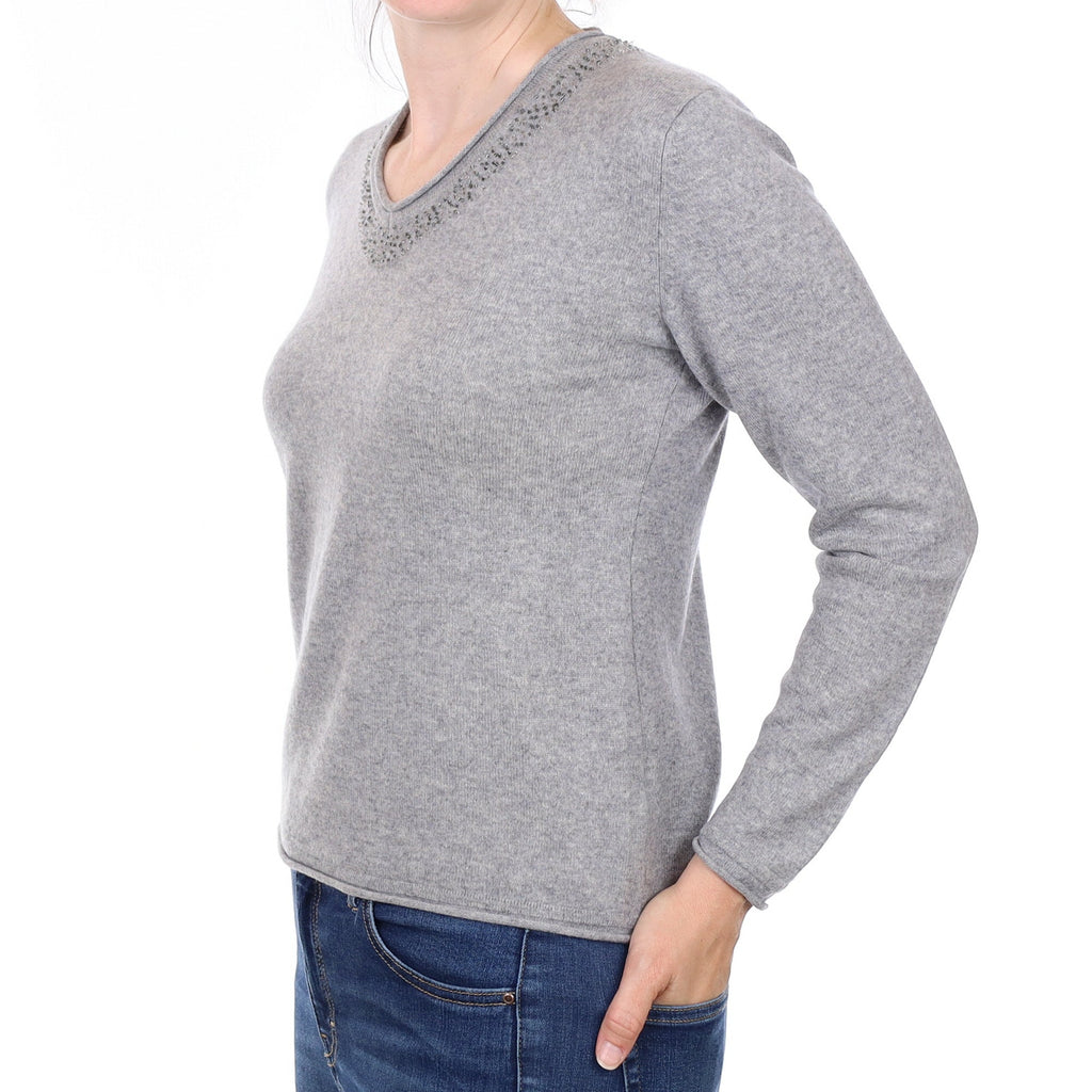 Ash Grey Embellished Cashmere V Neck Jumper Small