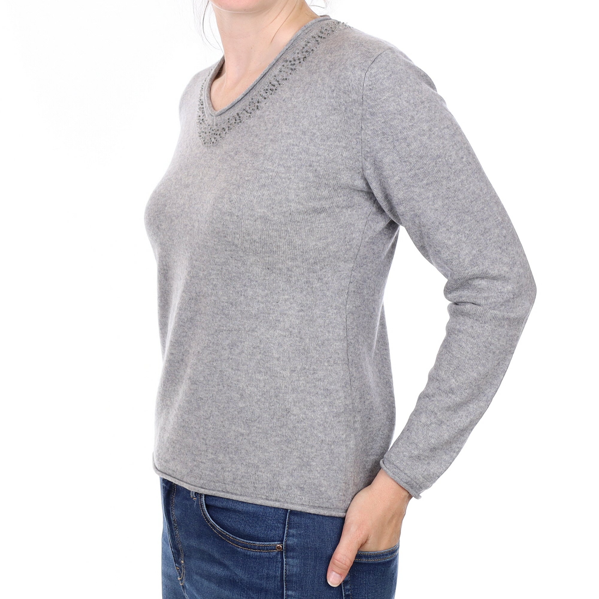 Ash Grey Embellished Cashmere V Neck Jumper Small