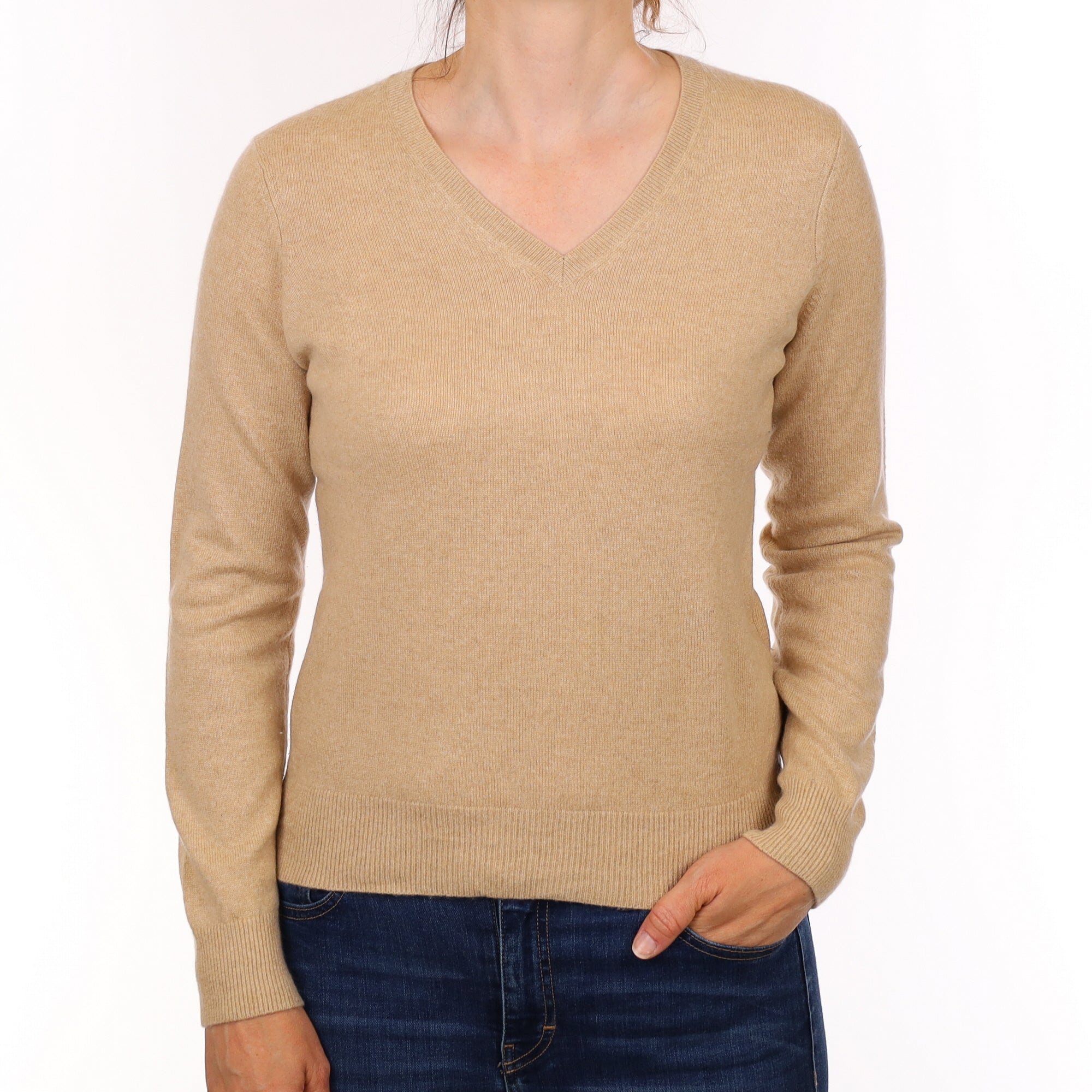 Sand Beige Cashmere V Neck Jumper Small