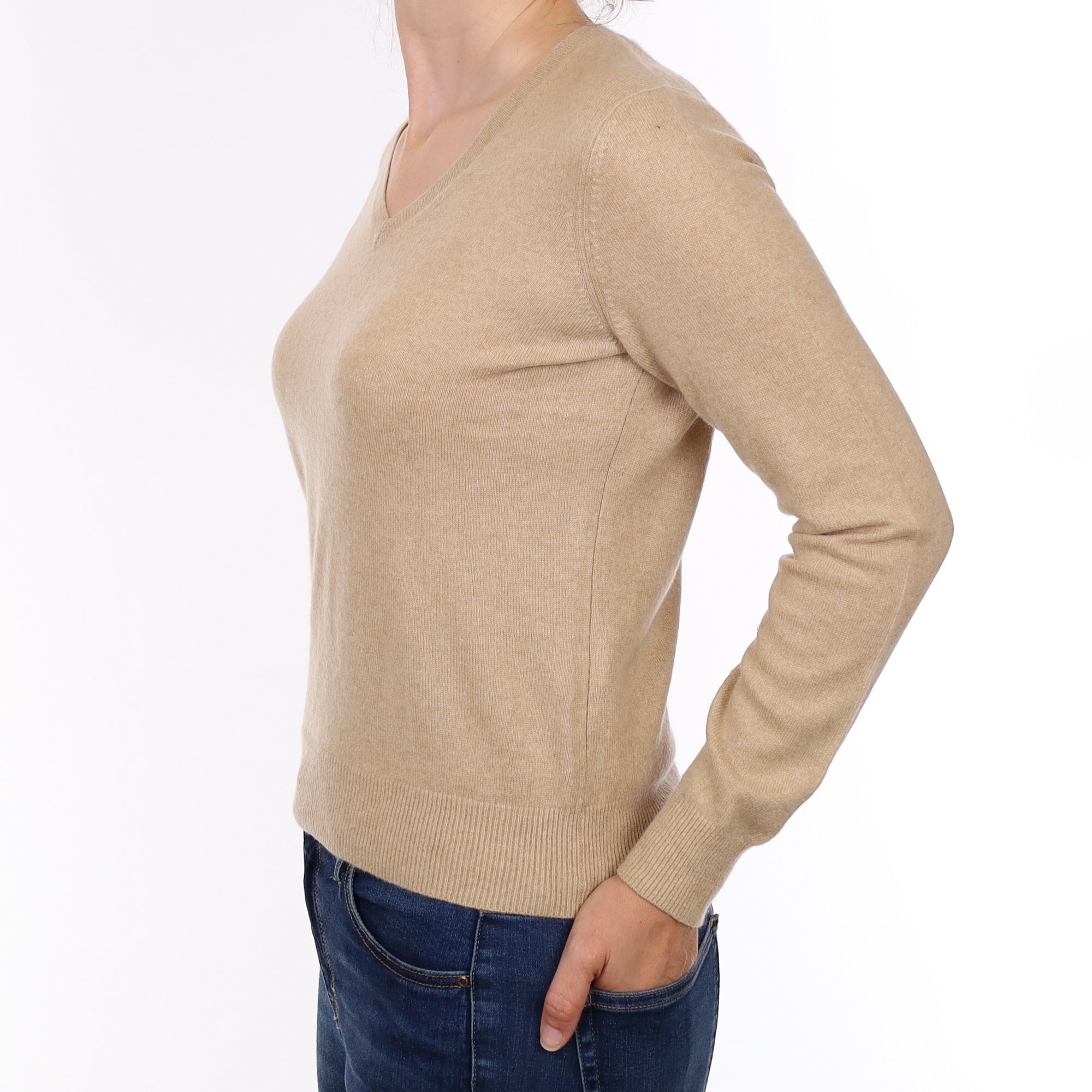 Sand Beige Cashmere V Neck Jumper Small