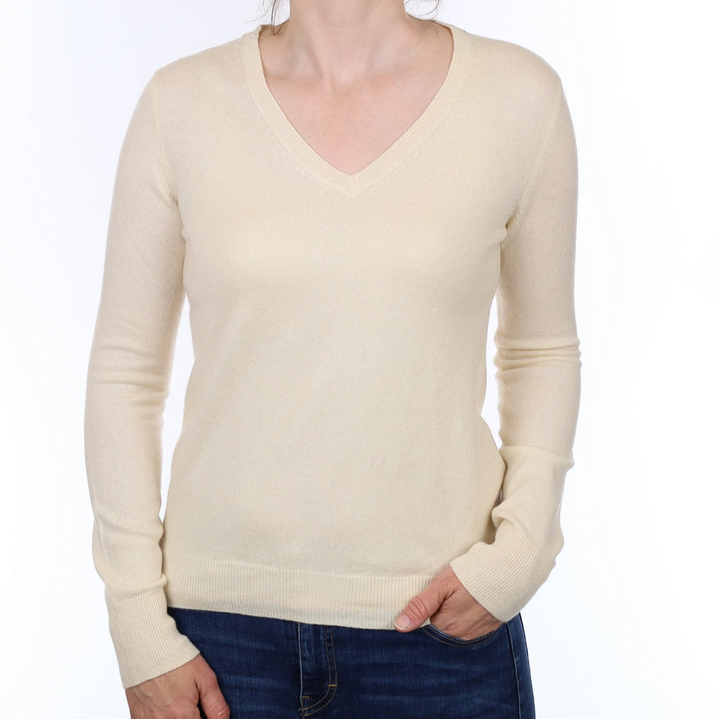 Vanilla Cream Cashmere V Neck Jumper Small