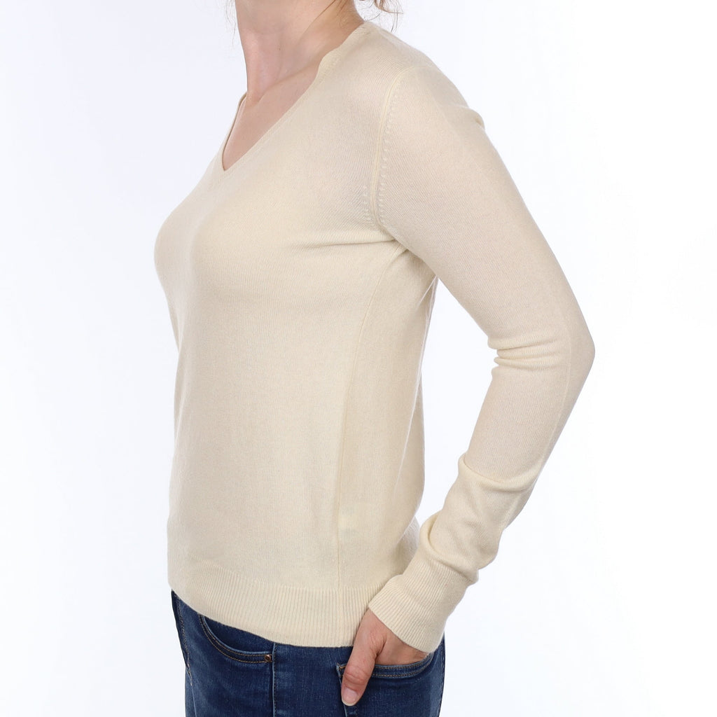 Vanilla Cream Cashmere V Neck Jumper Small