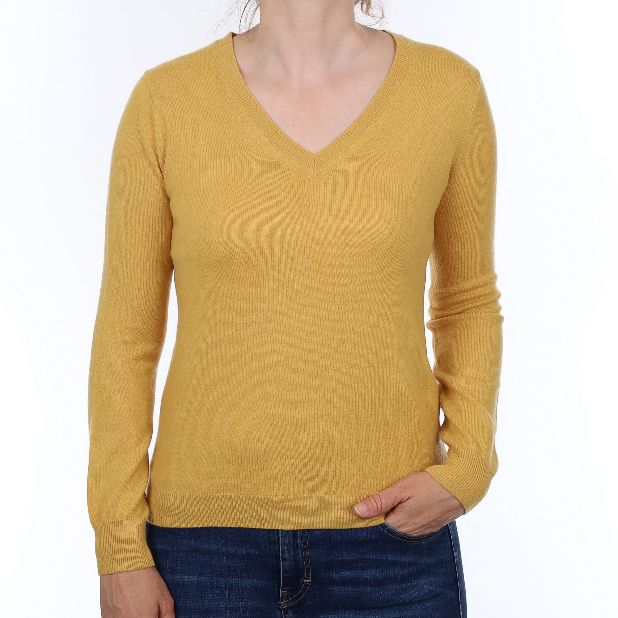 Mustard Yellow Cashmere V Neck Jumper Small