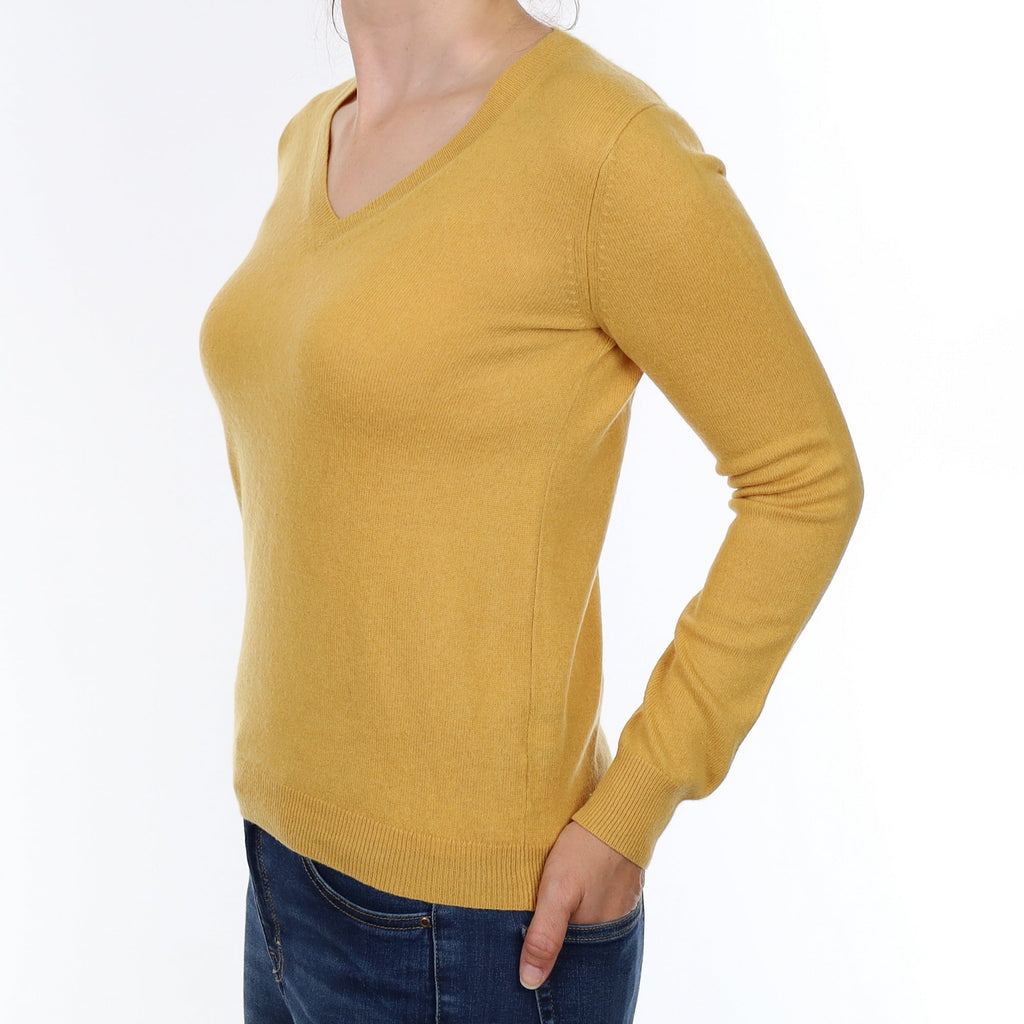 Mustard Yellow Cashmere V Neck Jumper Small