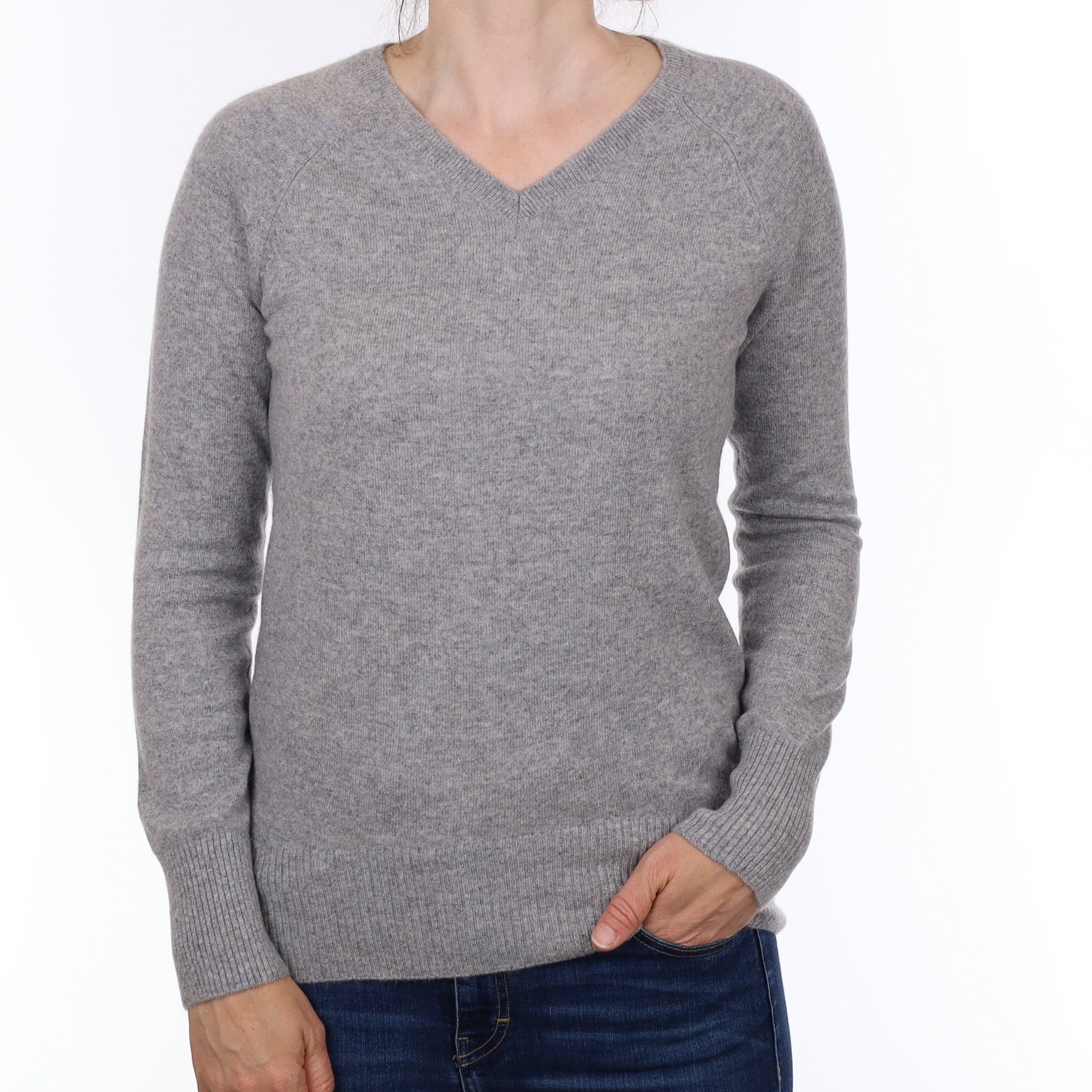 Smoke Grey Scoop Hem Cashmere V Neck Jumper Small