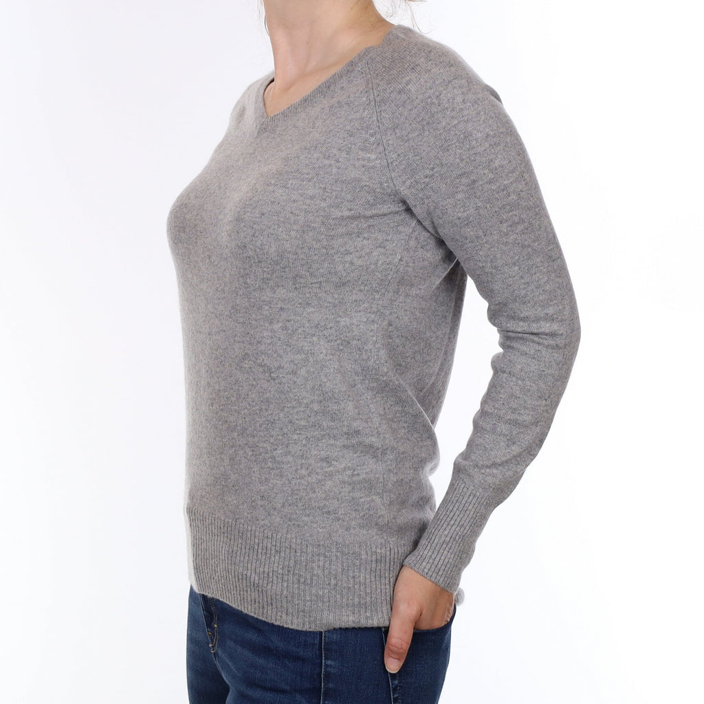 Smoke Grey Scoop Hem Cashmere V Neck Jumper Small