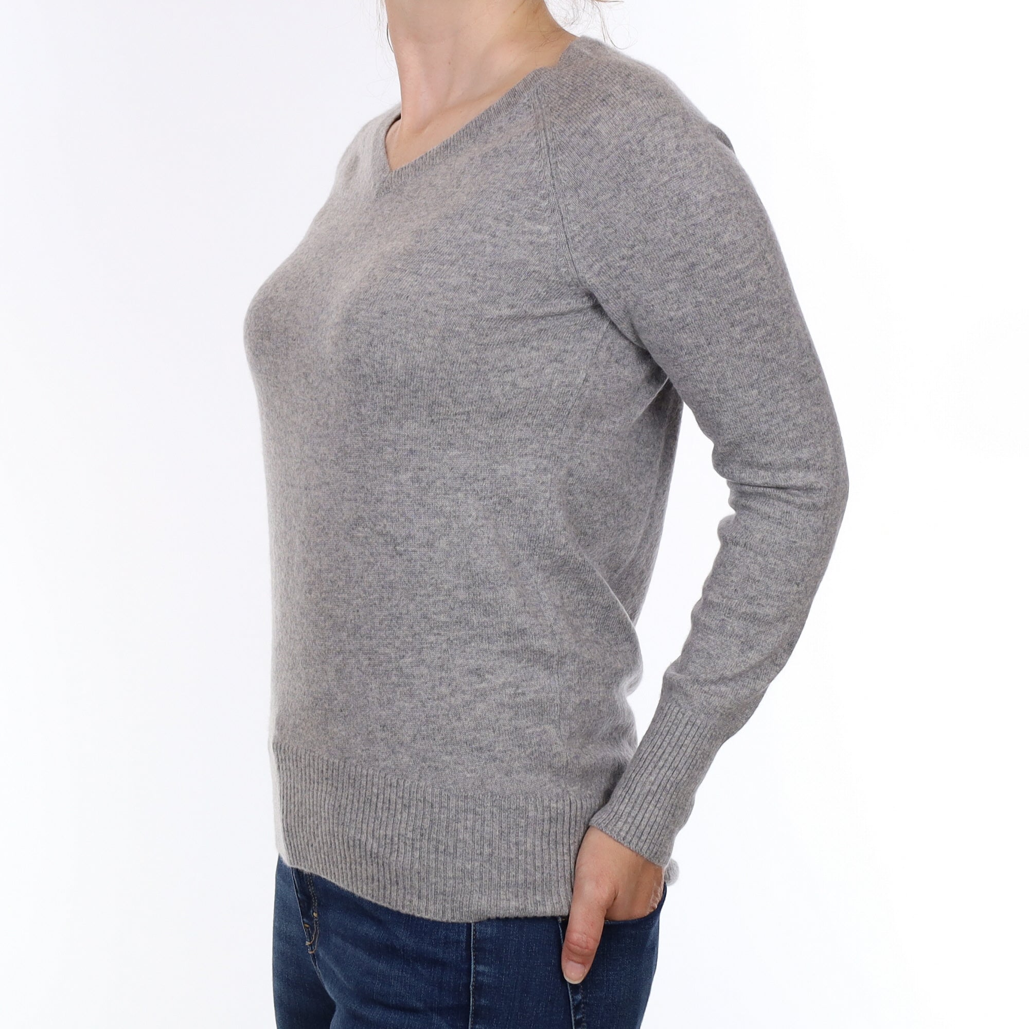 Smoke Grey Scoop Hem Cashmere V Neck Jumper Small