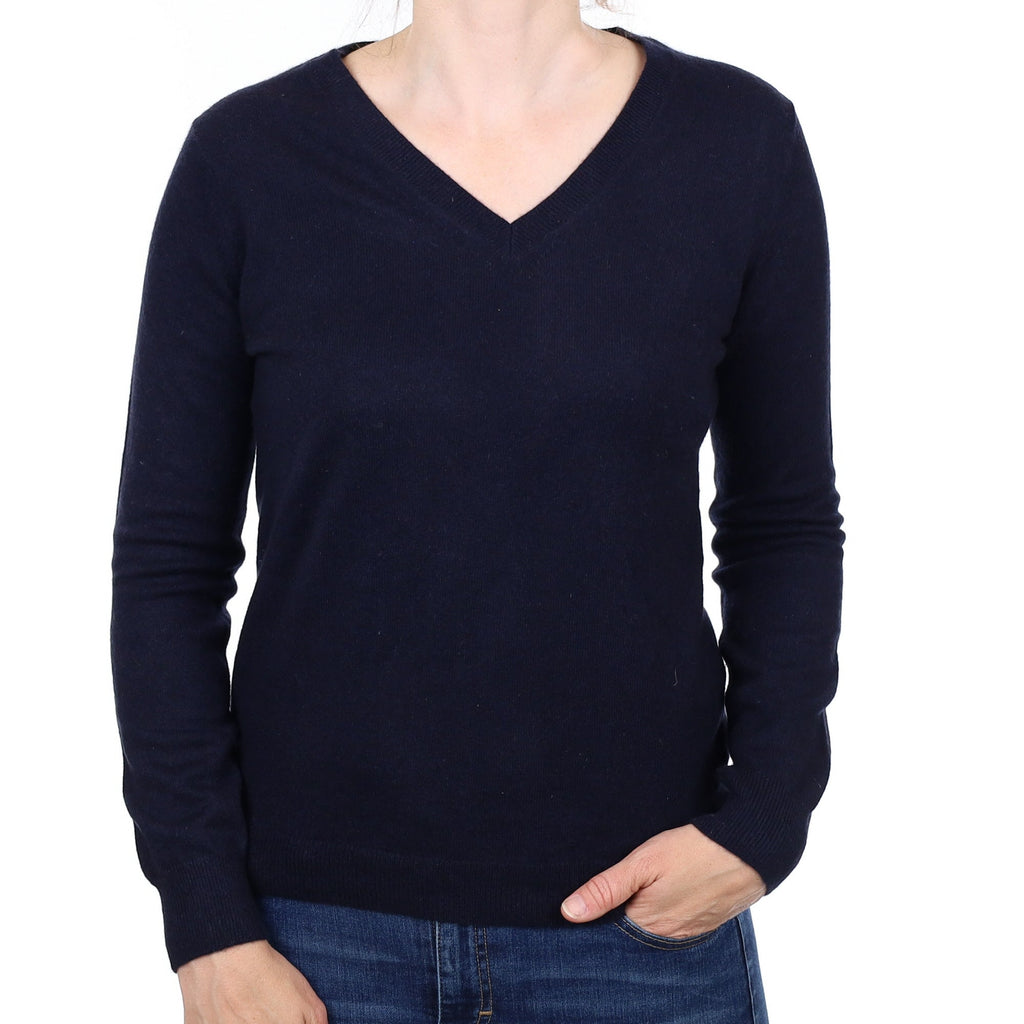Navy Blue Cashmere V Neck Jumper Small