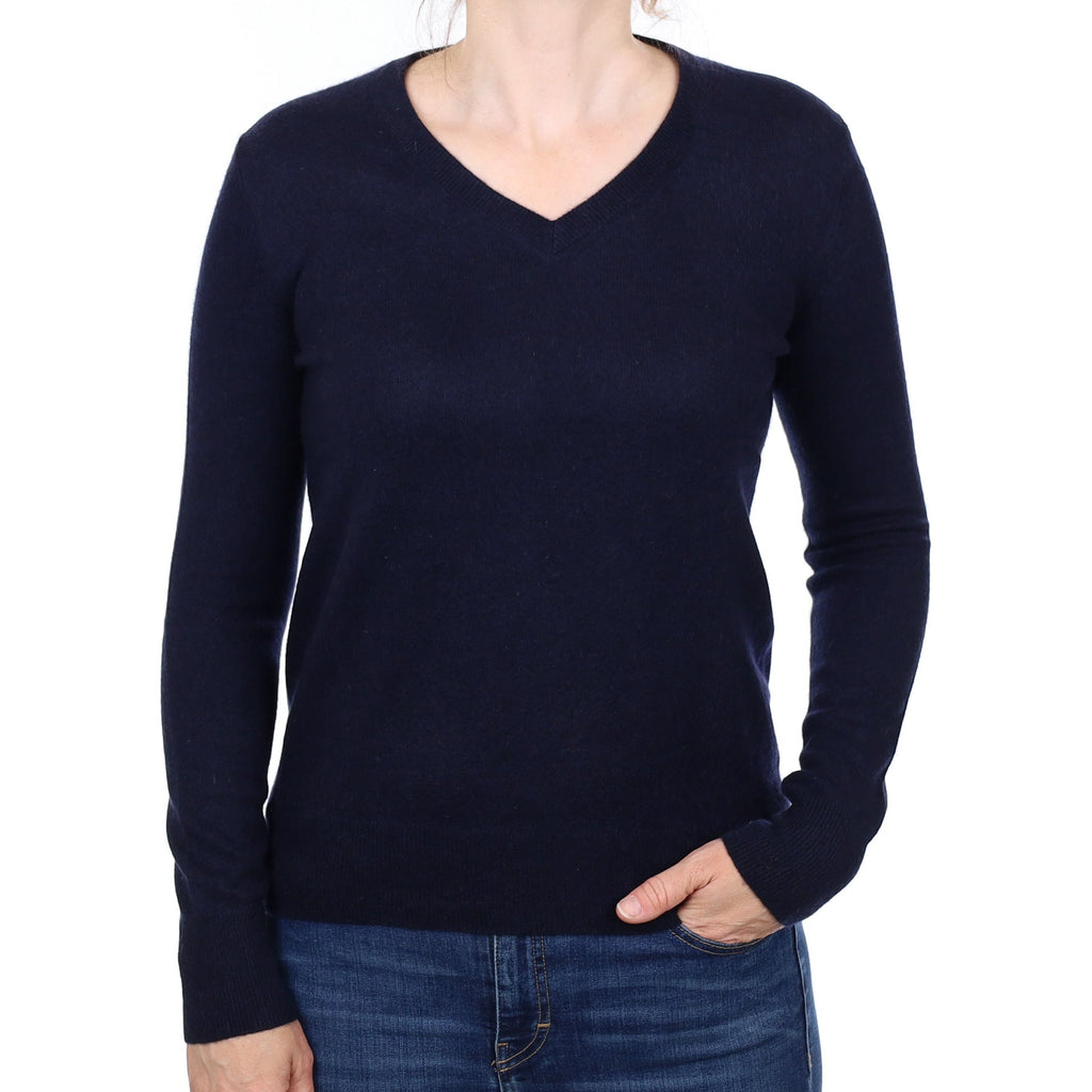 Navy Blue Cashmere V Neck Jumper Small