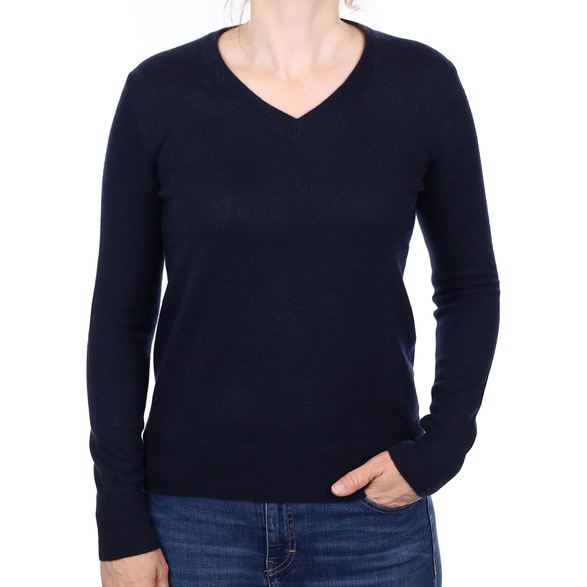 Navy Blue Cashmere V Neck Jumper Small