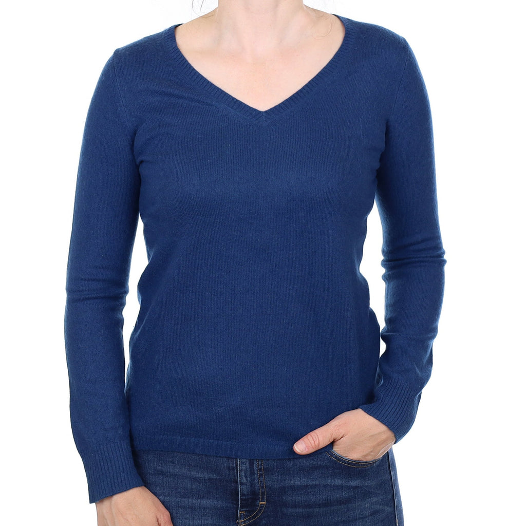 Aegean Blue Cashmere V Neck Jumper Small