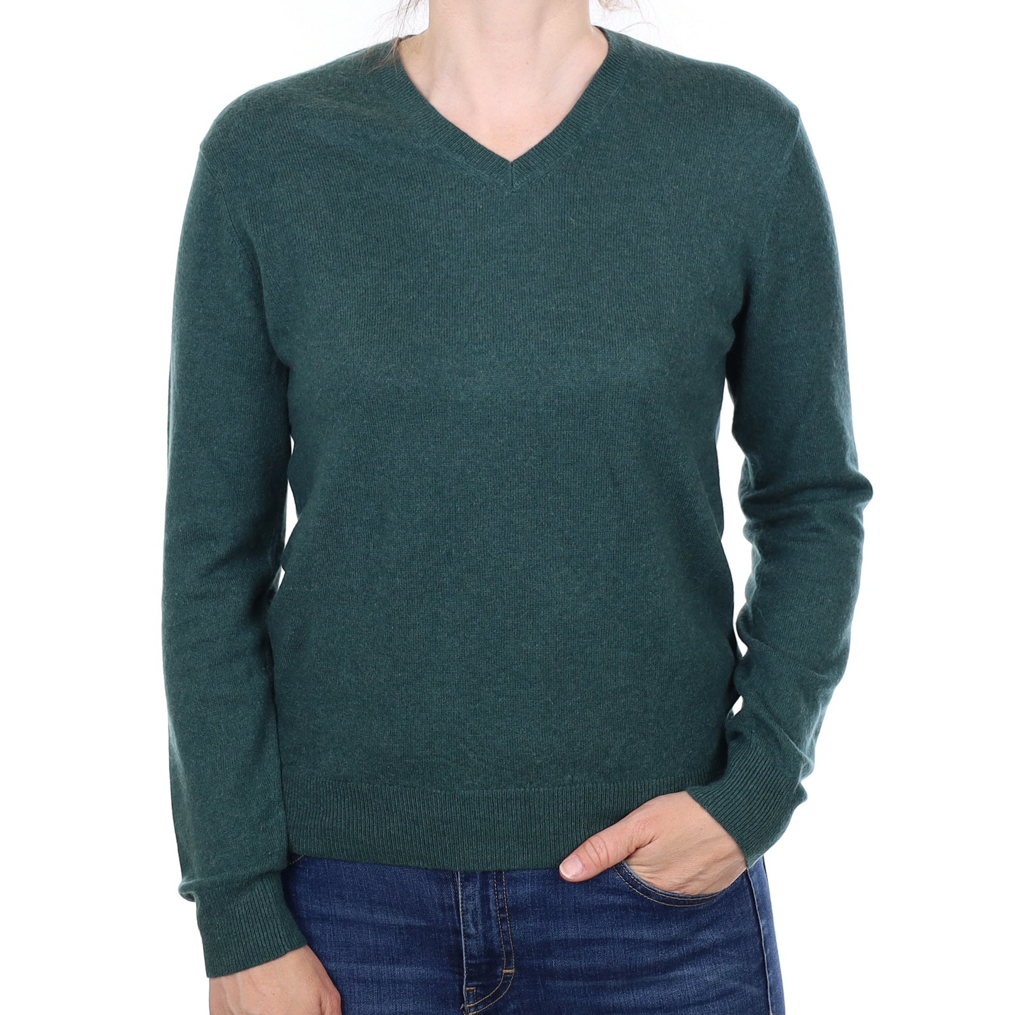 Forest Green Cashmere V Neck Jumper Small