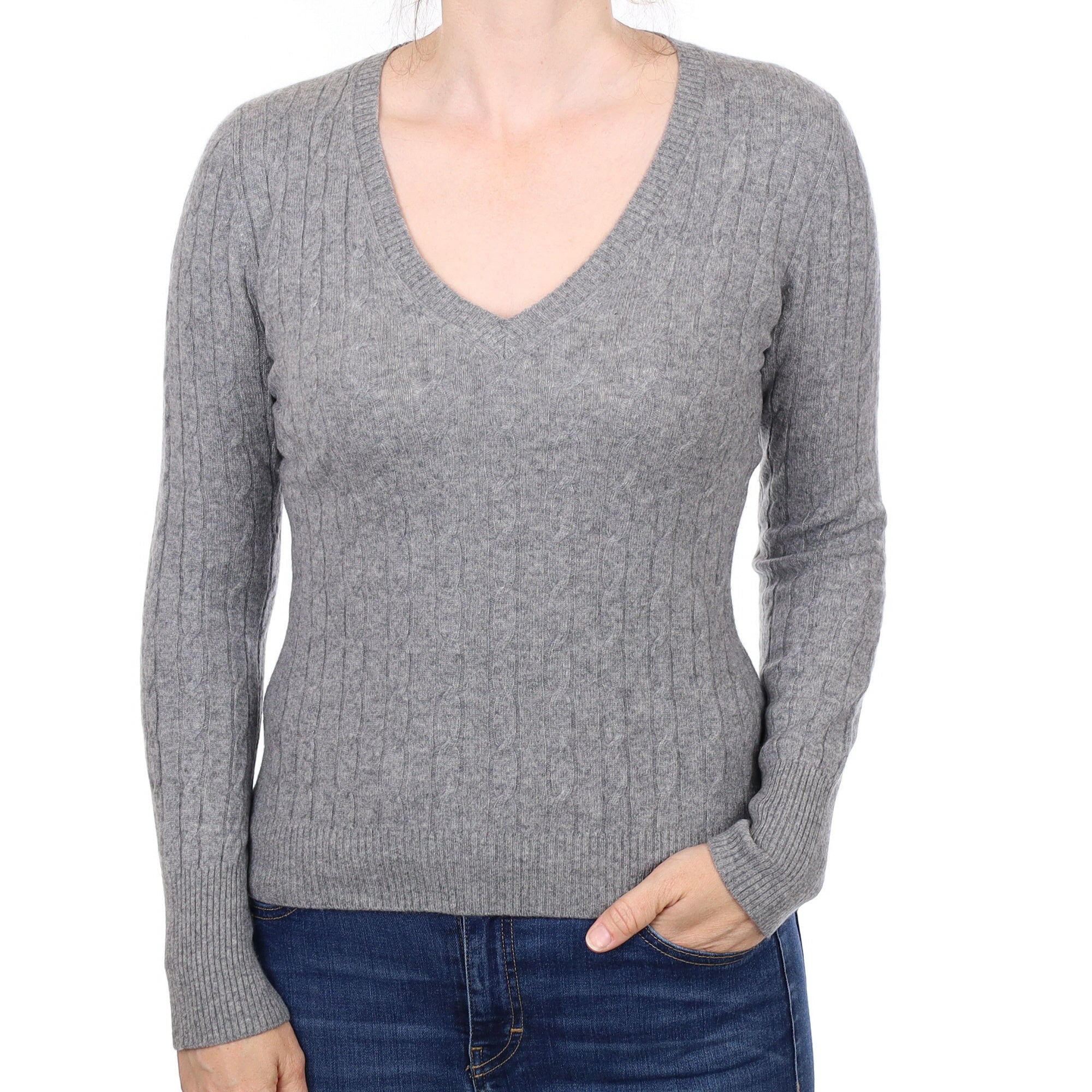 Ash Grey Cable Cashmere V Neck Jumper Small