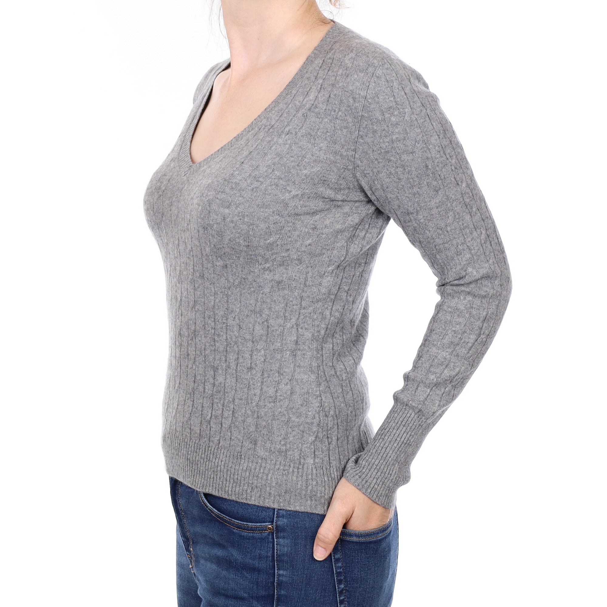 Ash Grey Cable Cashmere V Neck Jumper Small