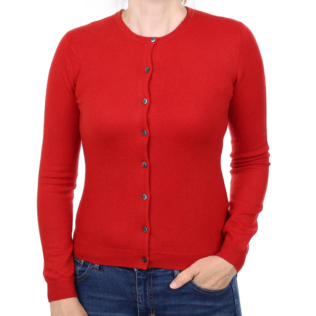 Post Box Red Cashmere Crew Neck Cardigan Small