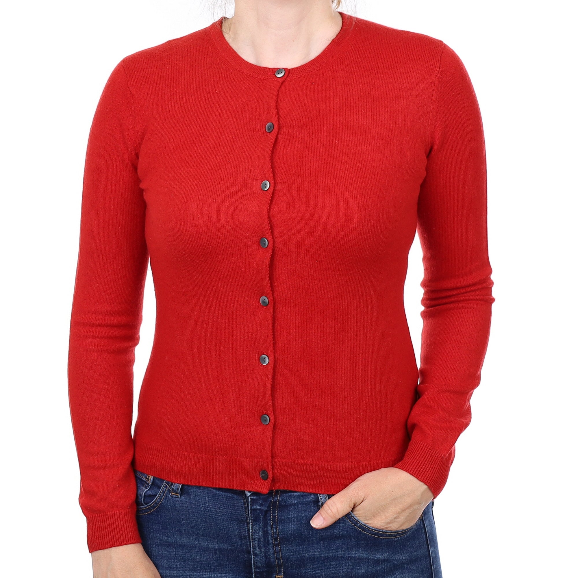 Post Box Red Cashmere Crew Neck Cardigan Small