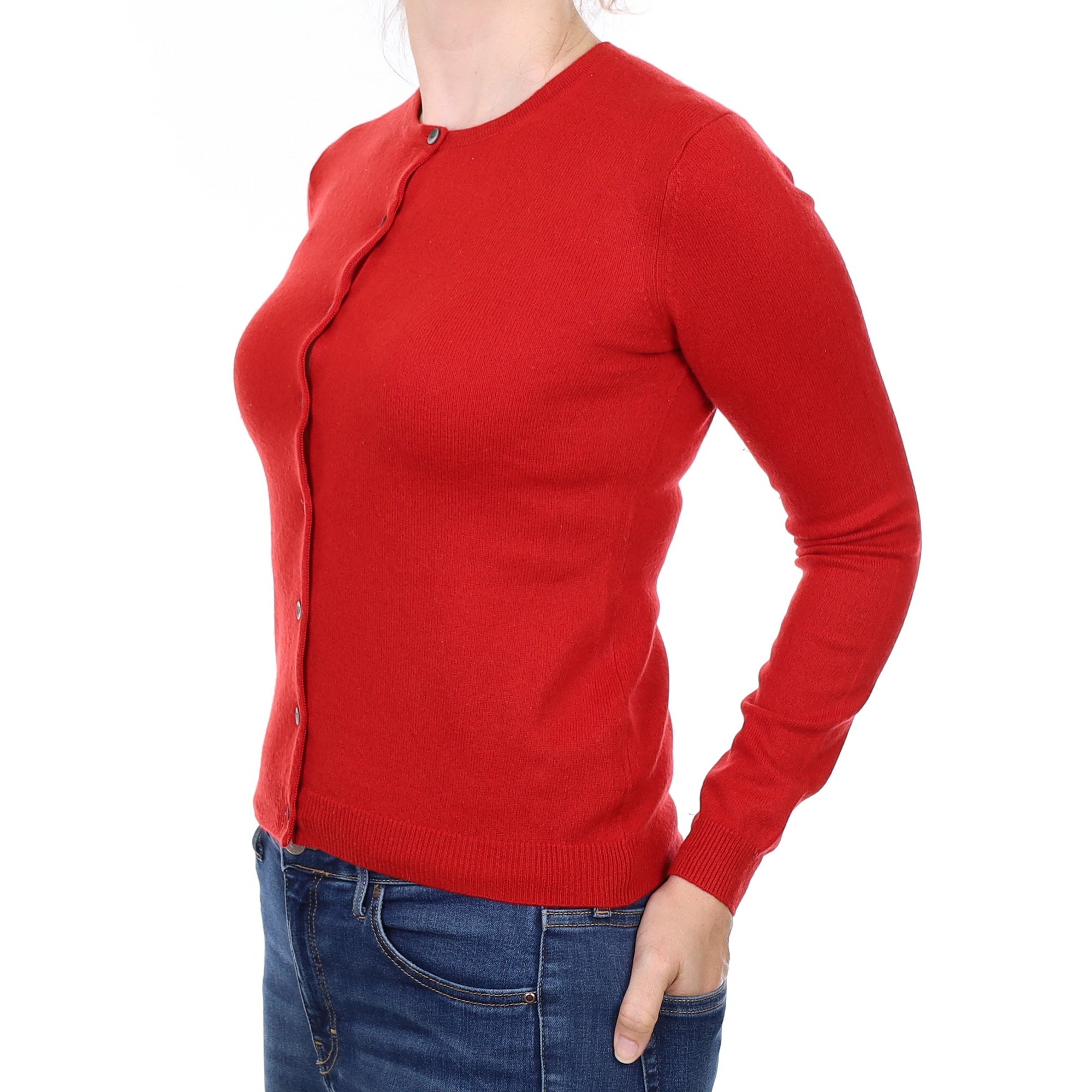 Post Box Red Cashmere Crew Neck Cardigan Small