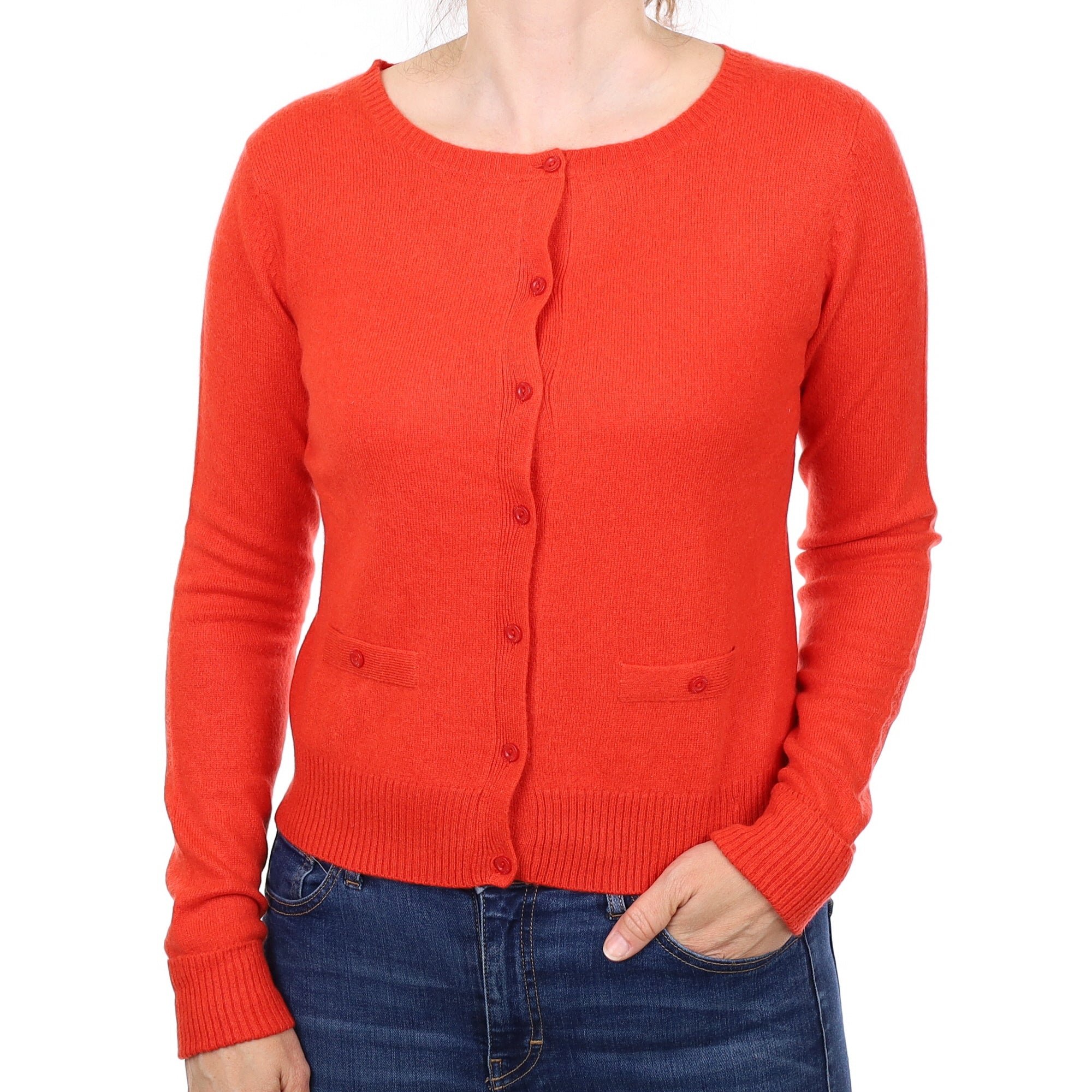Sunset Orange Cashmere Crew Neck Cardigan Small