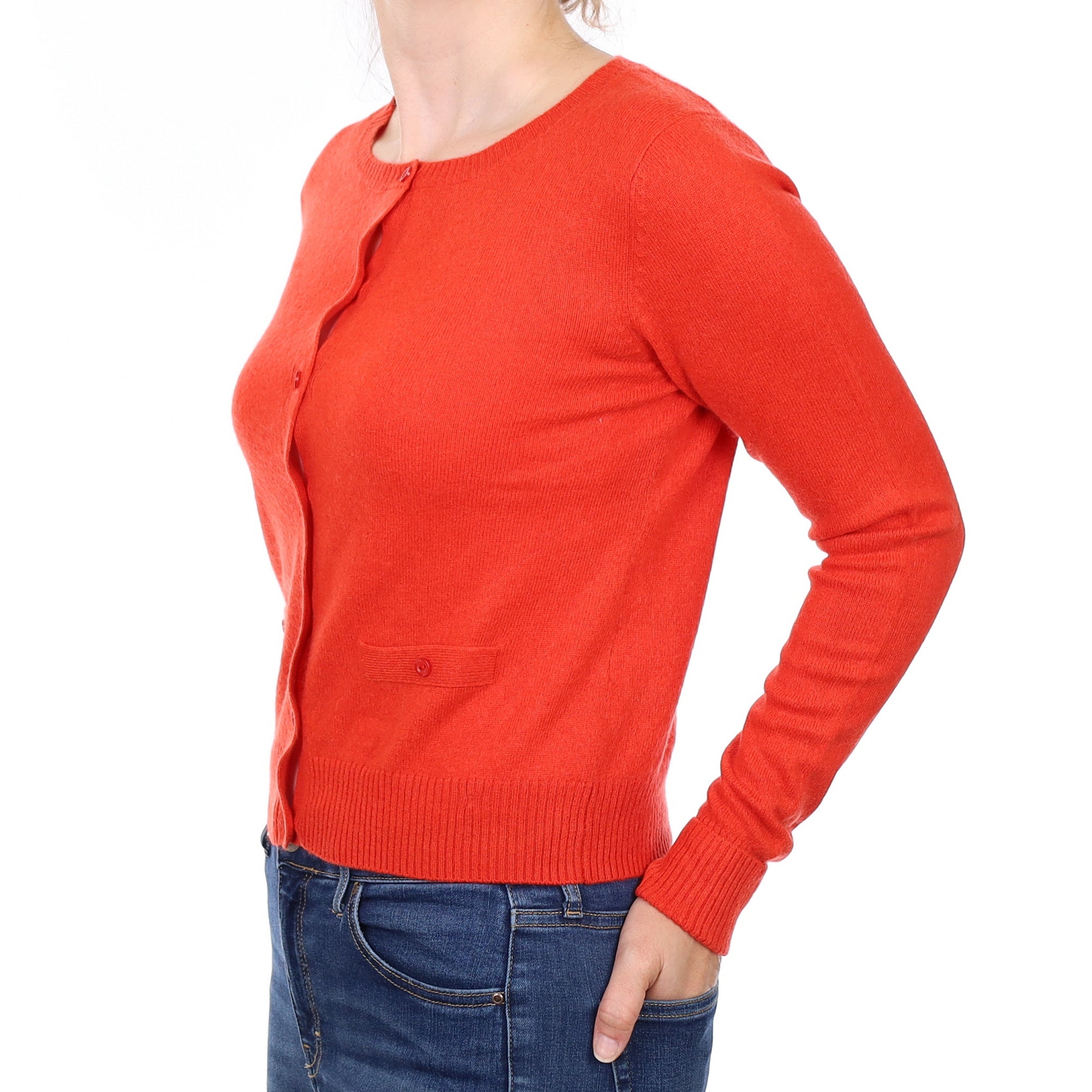 Sunset Orange Cashmere Crew Neck Cardigan Small