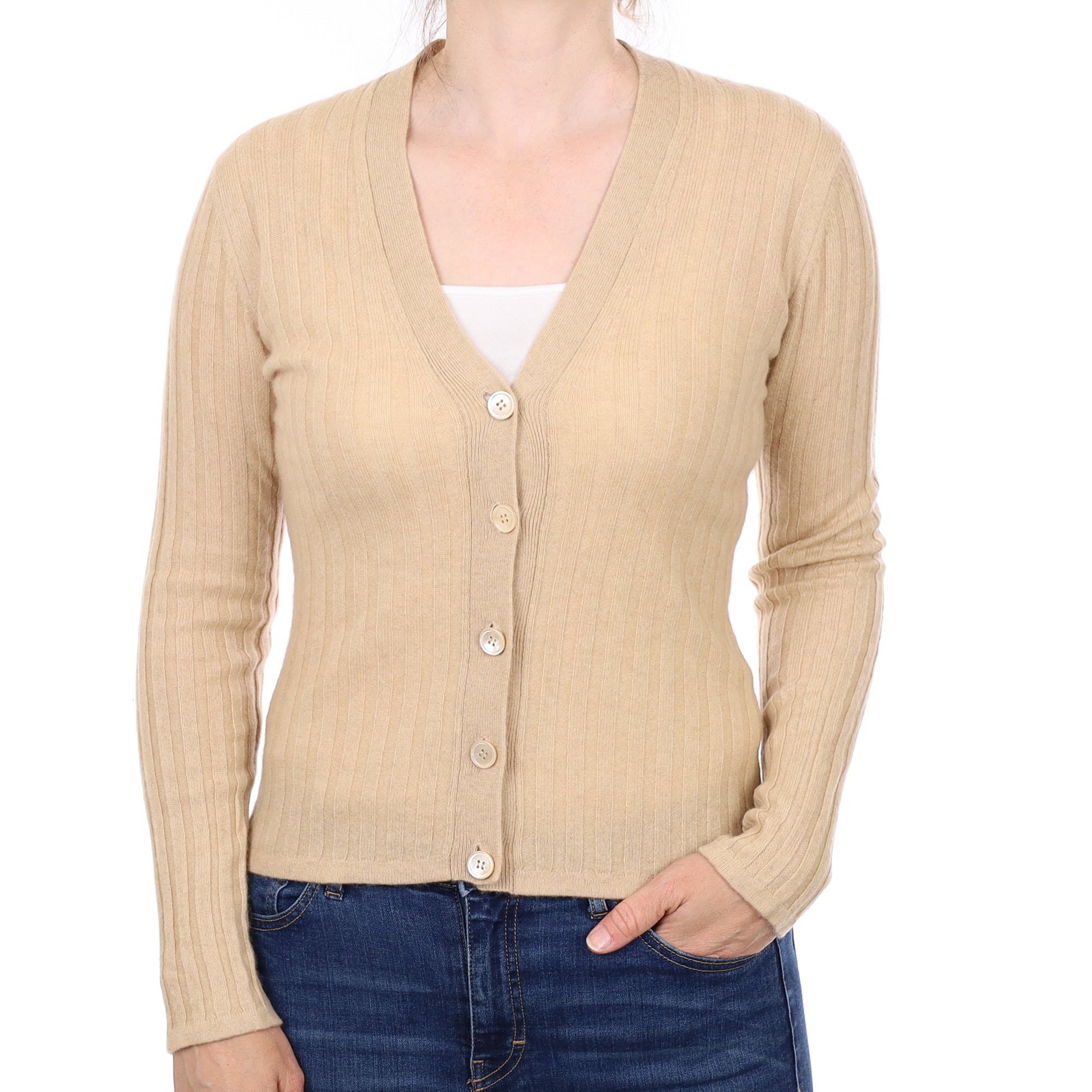 Beige Ribbed Cashmere V Neck Cardigan Small