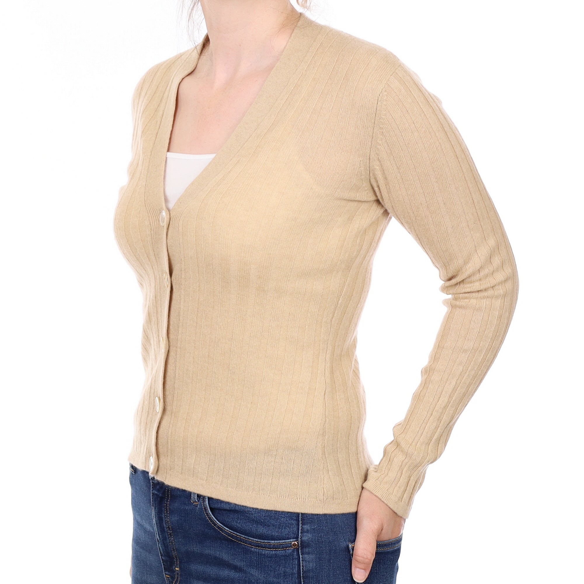 Beige Ribbed Cashmere V Neck Cardigan Small
