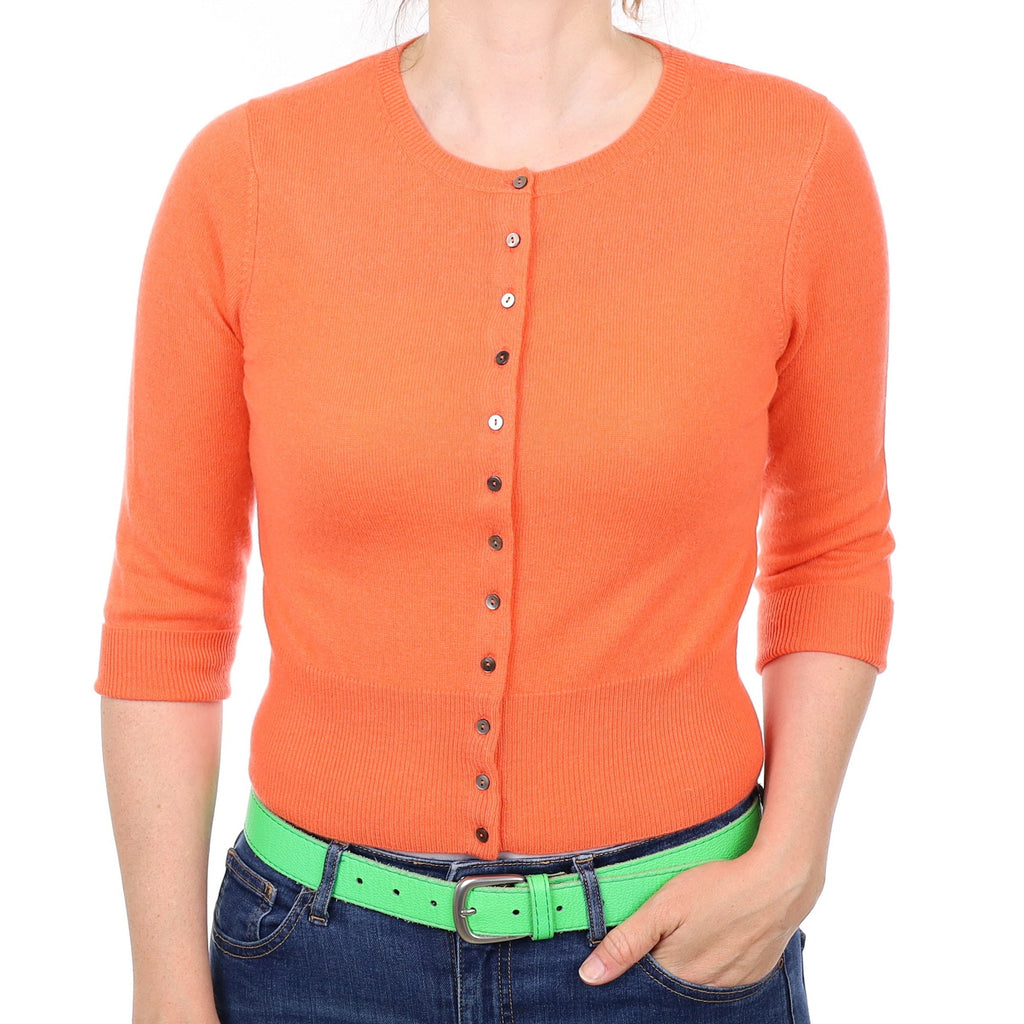 Crab Orange 3/4 Sleeve Cashmere Crew Neck Cardigan Small