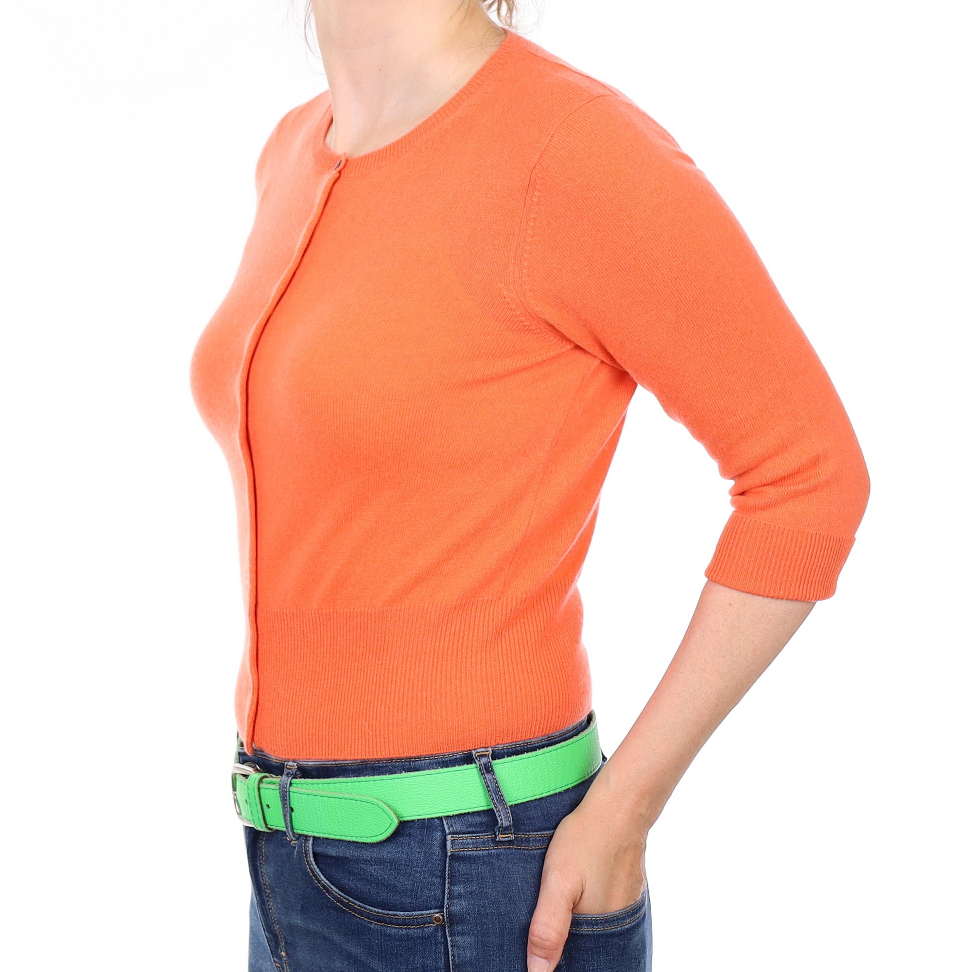 Crab Orange 3/4 Sleeve Cashmere Crew Neck Cardigan Small