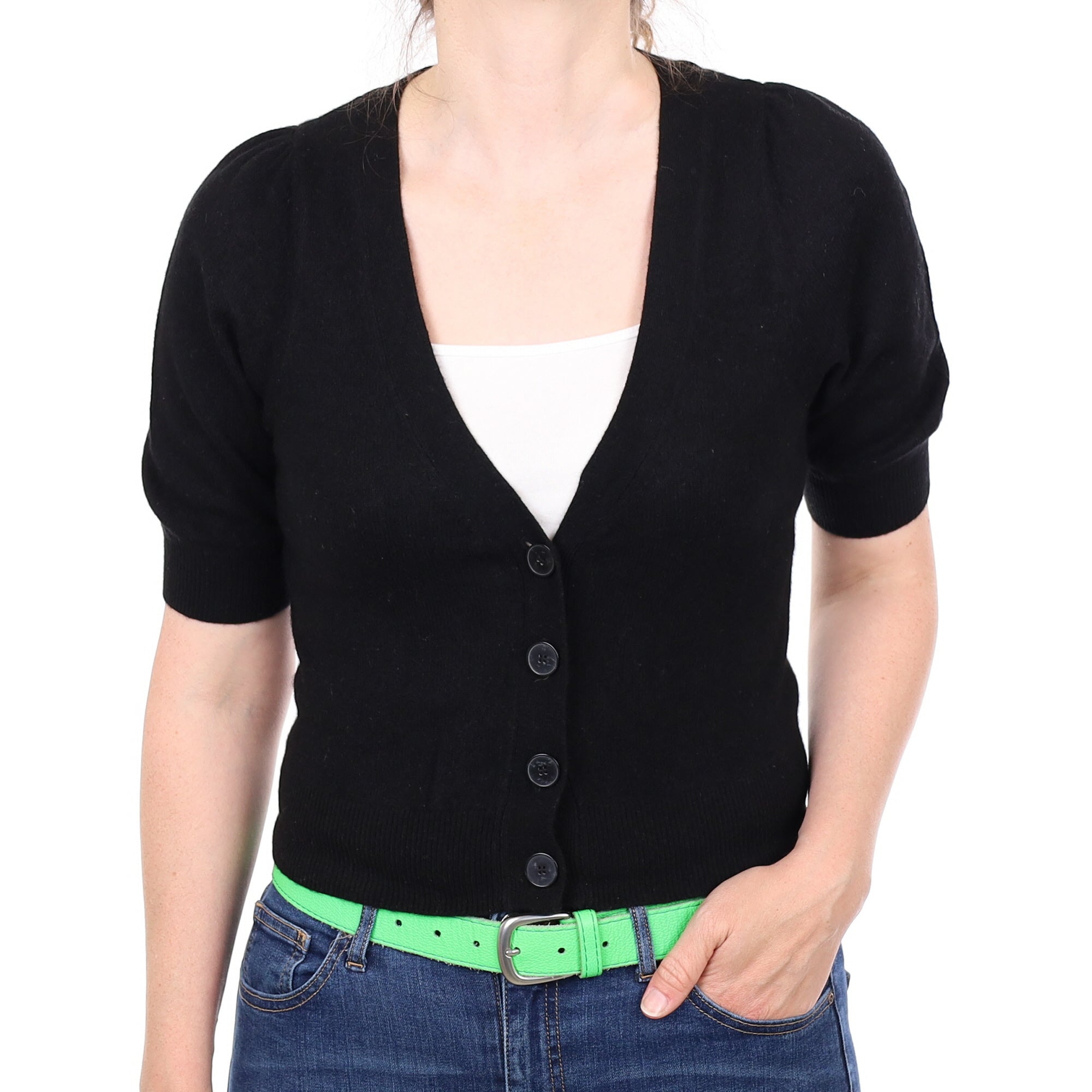 Black Short Sleeved Cropped Cashmere V Neck Cardigan Small