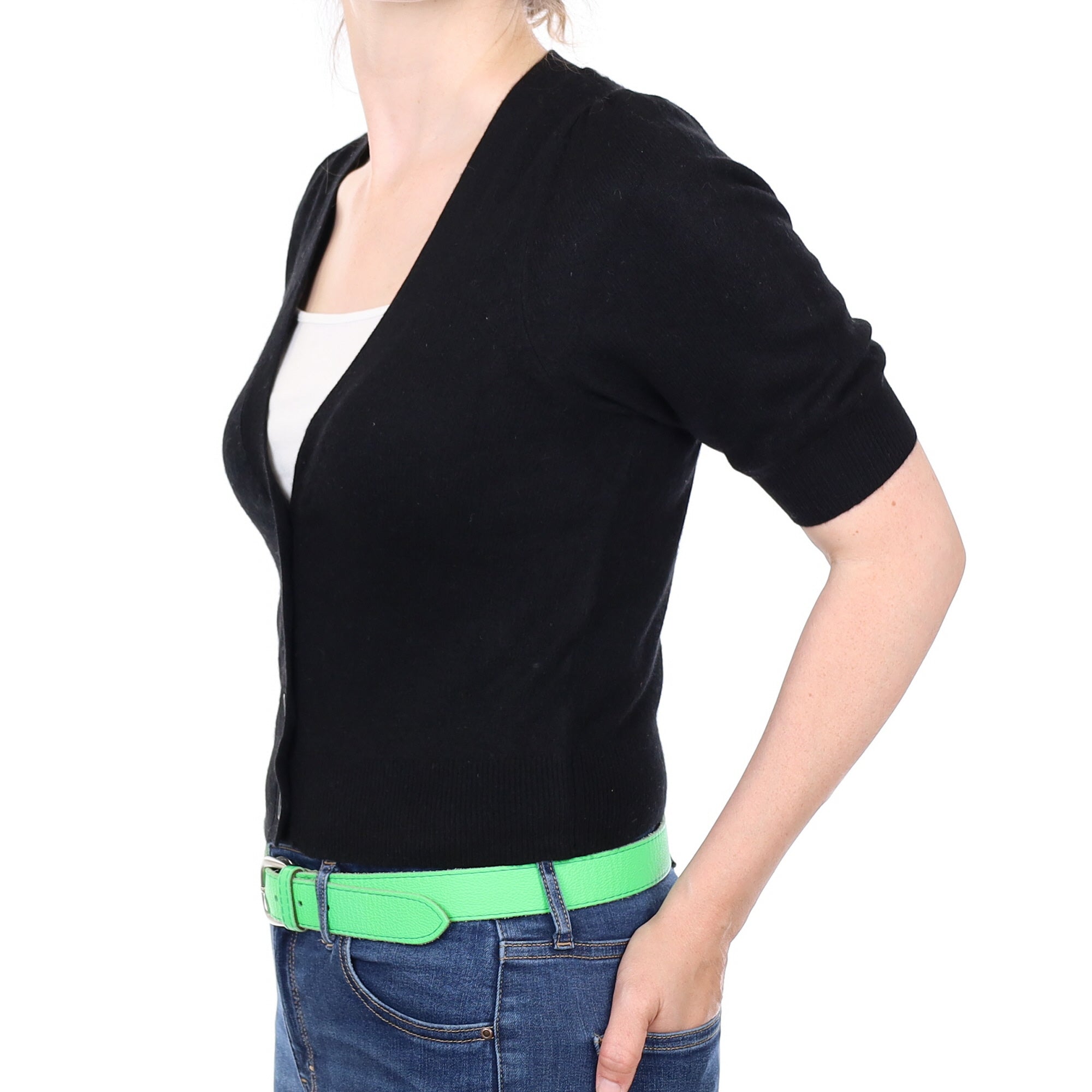 Black Short Sleeved Cropped Cashmere V Neck Cardigan Small