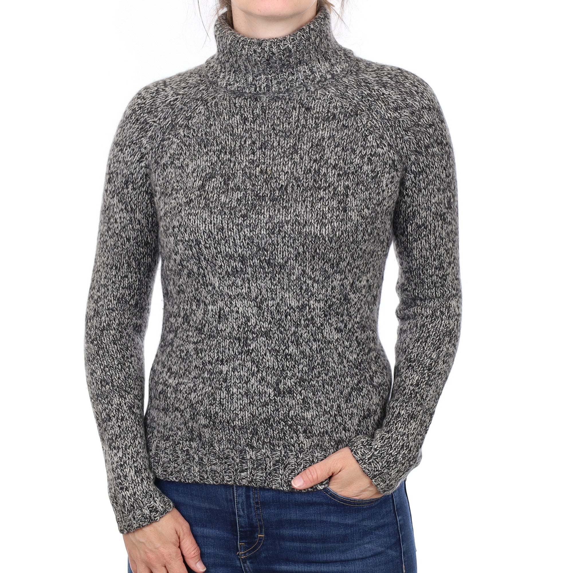 Black Marl Chunky Knit Cashmere Polo Neck Jumper Small