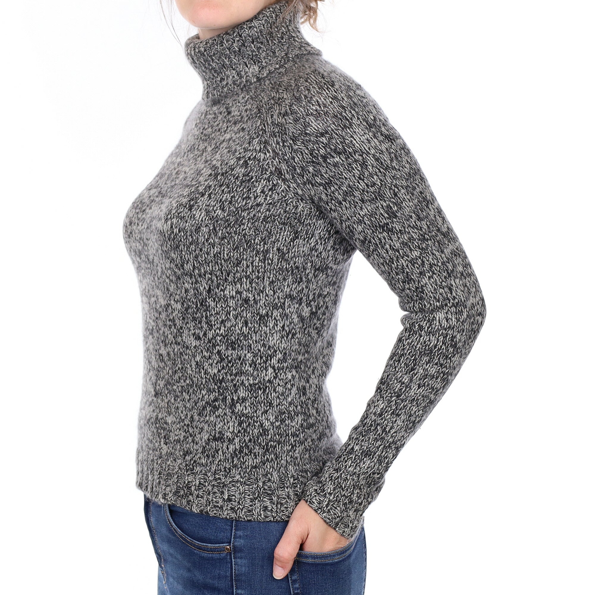 Black Marl Chunky Knit Cashmere Polo Neck Jumper Small
