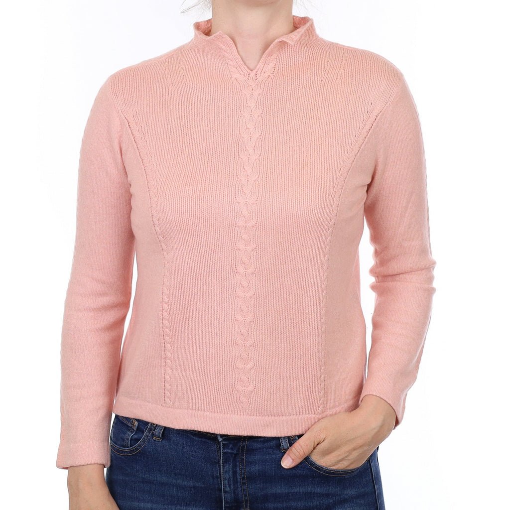 Carnation Pink Textured Knit Cashmere Split Turtle Neck Jumper Small