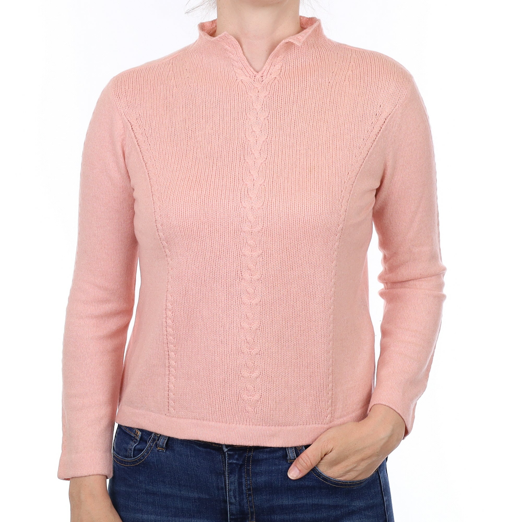 Carnation Pink Textured Knit Cashmere Split Turtle Neck Jumper Small