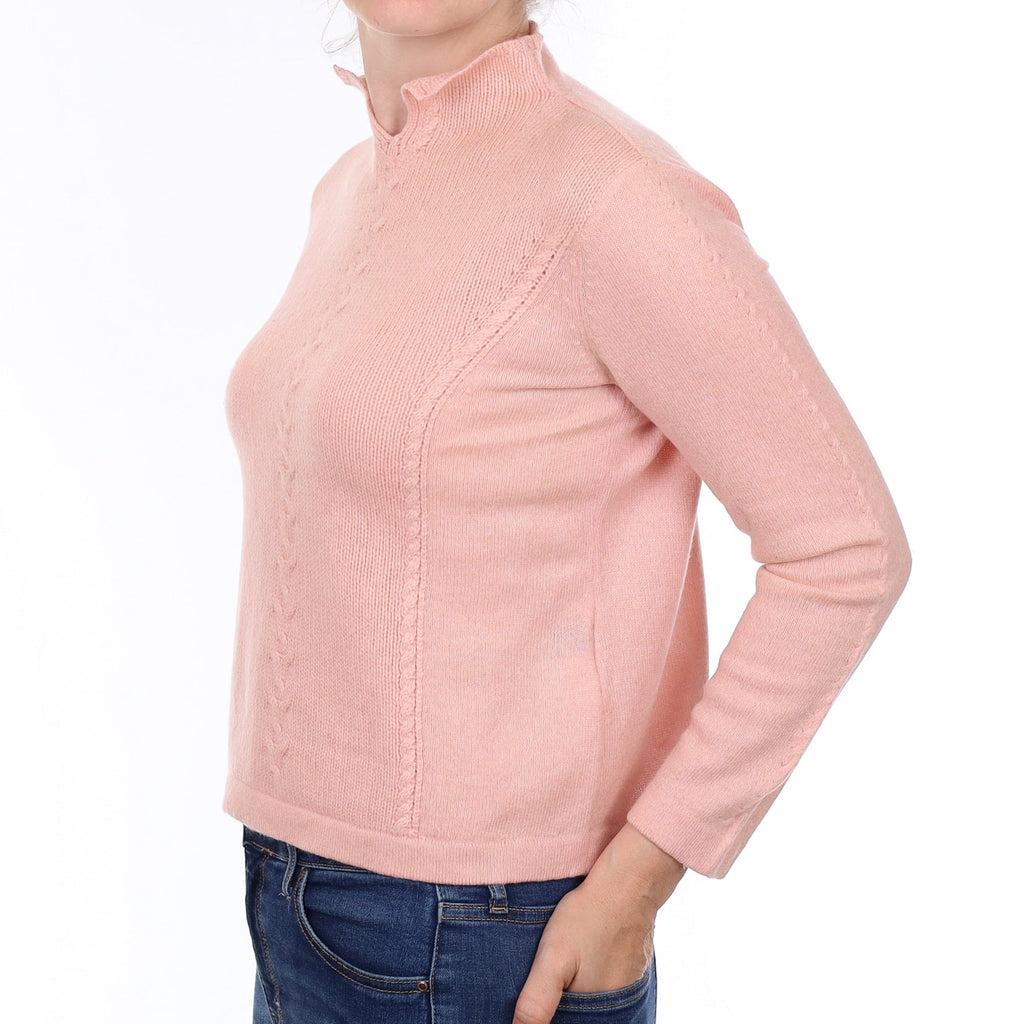 Carnation Pink Textured Knit Cashmere Split Turtle Neck Jumper Small