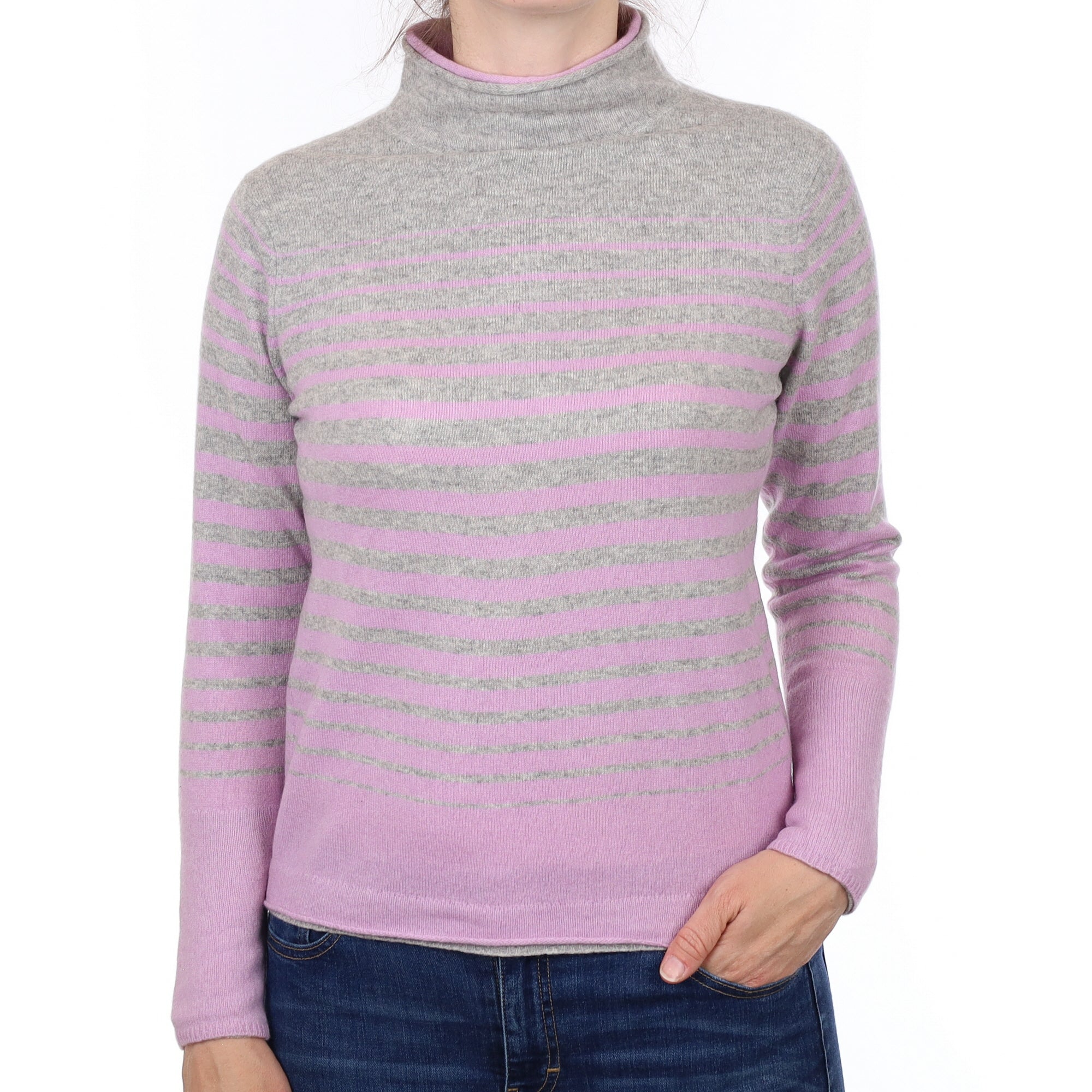 Smoke Grey and Lavender Stripe Cashmere Funnel Neck Jumper Small