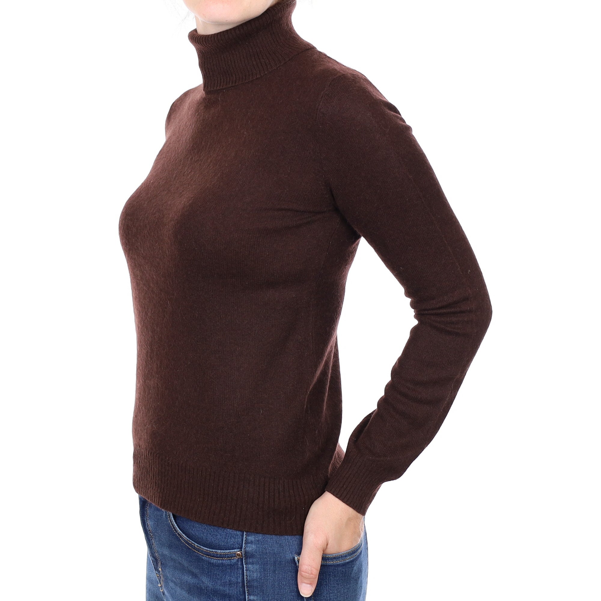 Chocolate Brown Cashmere Polo Neck Jumper Small
