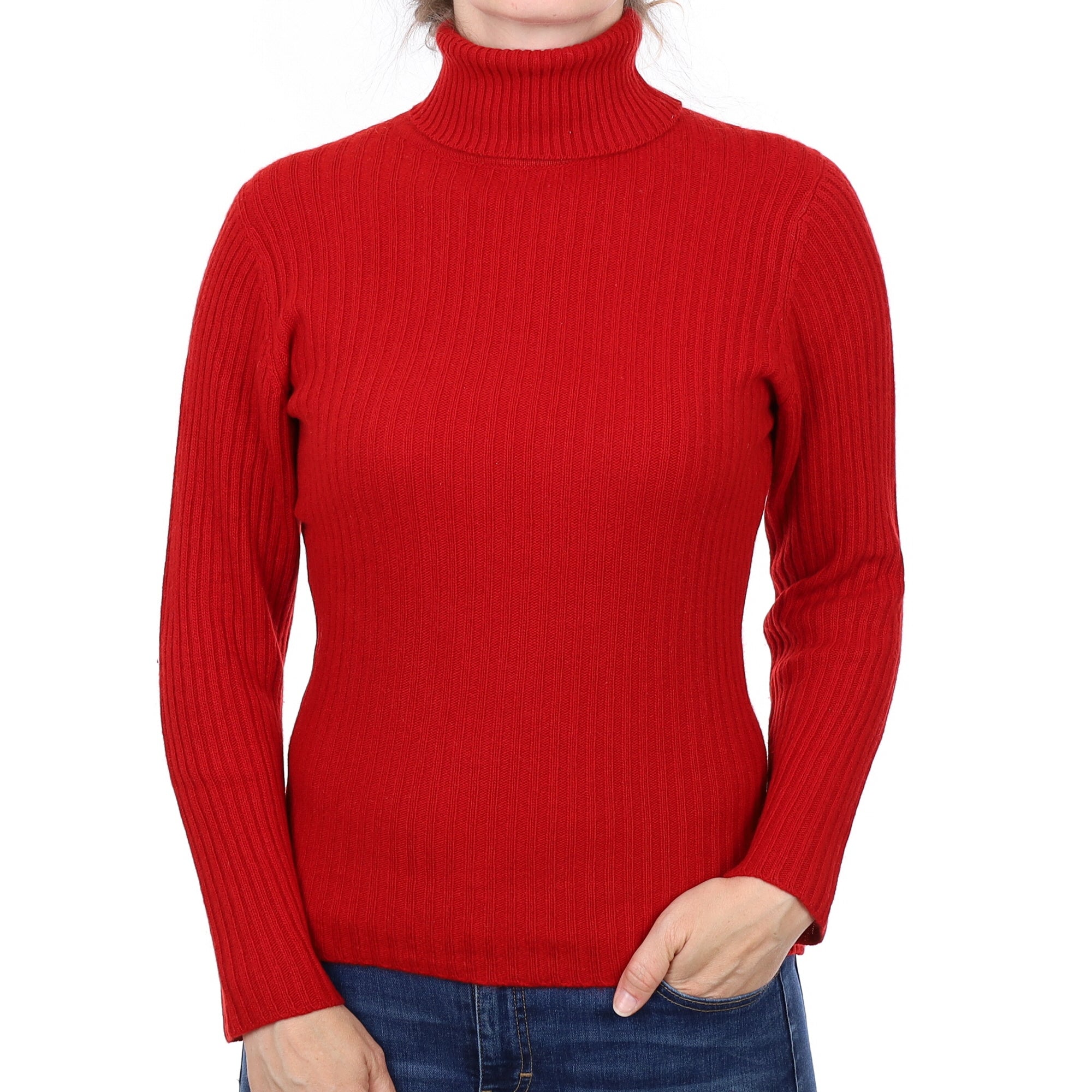Red Ribbed Cashmere Polo Neck Jumper Small