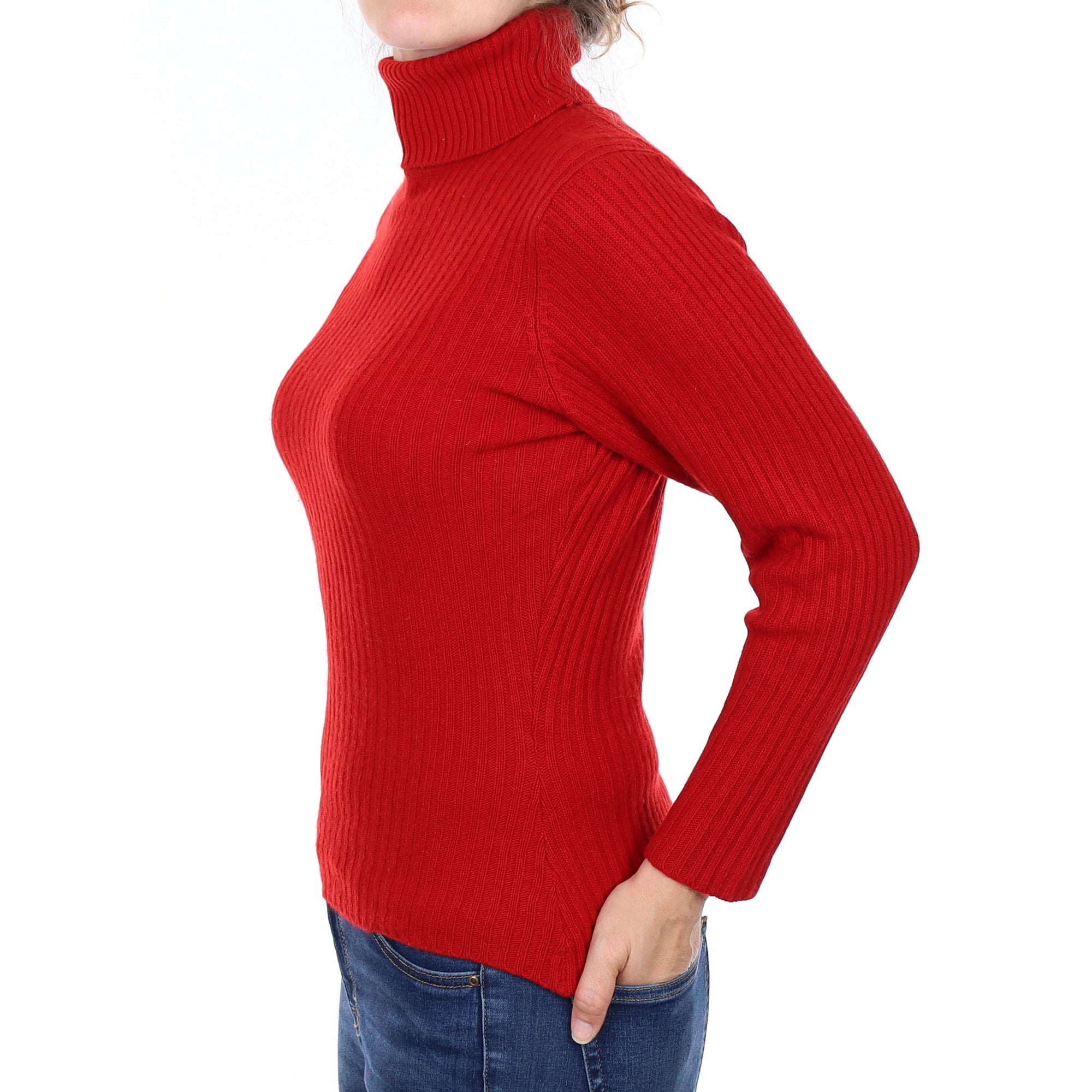Red Ribbed Cashmere Polo Neck Jumper Small