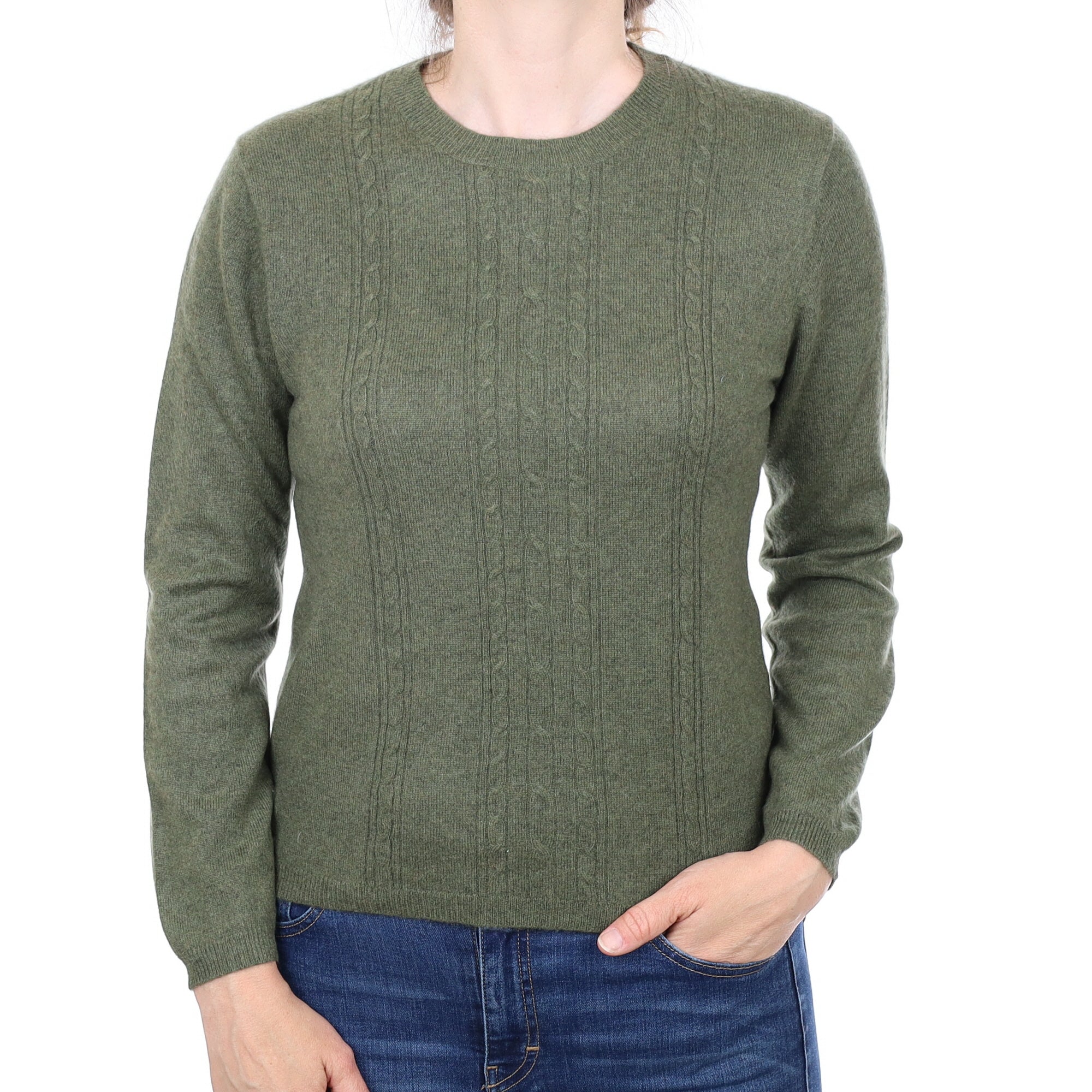 Khaki Green Textured Detail Cashmere Crew Neck Jumper Small