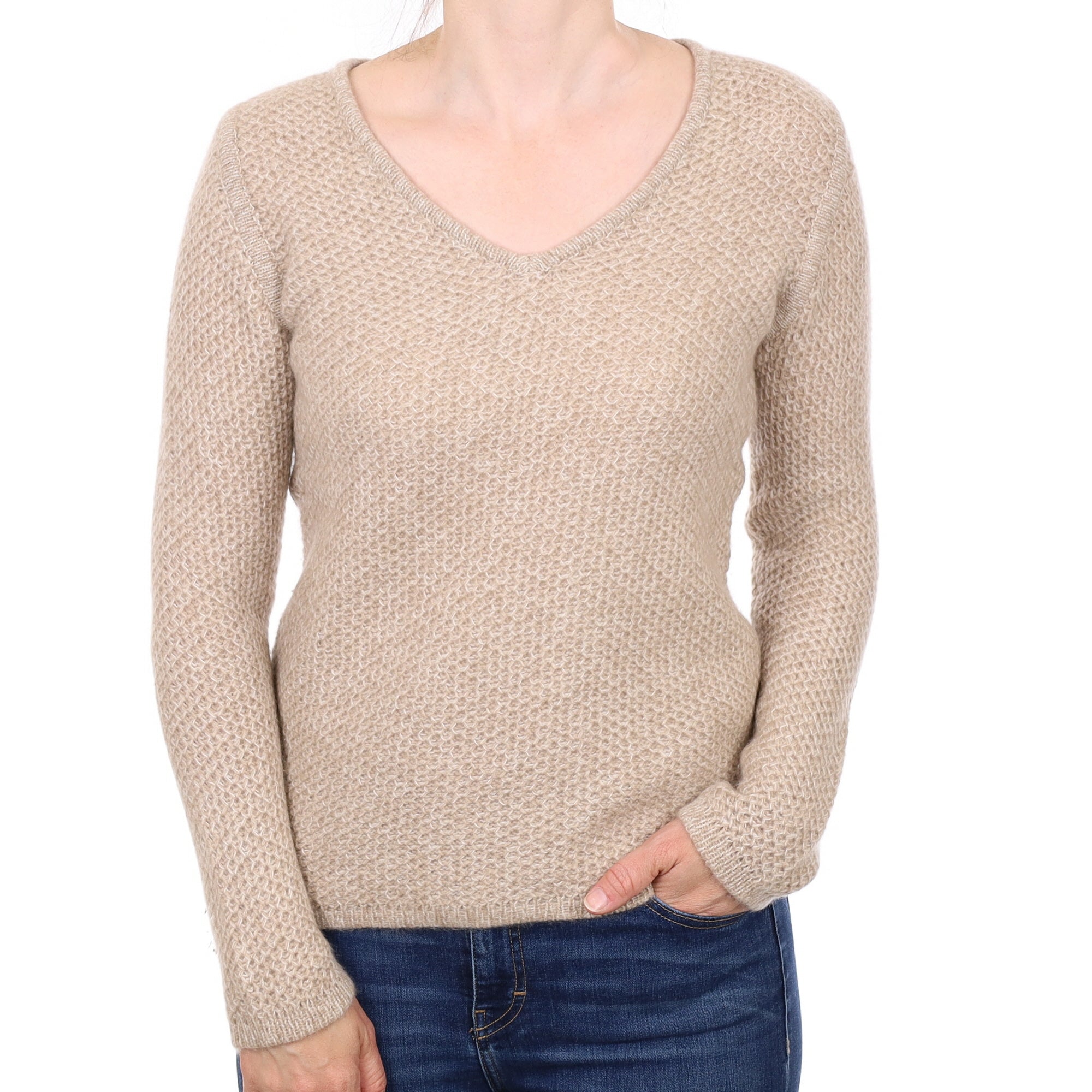 Fawn Chunky Textured Cashmere V Neck Jumper Small