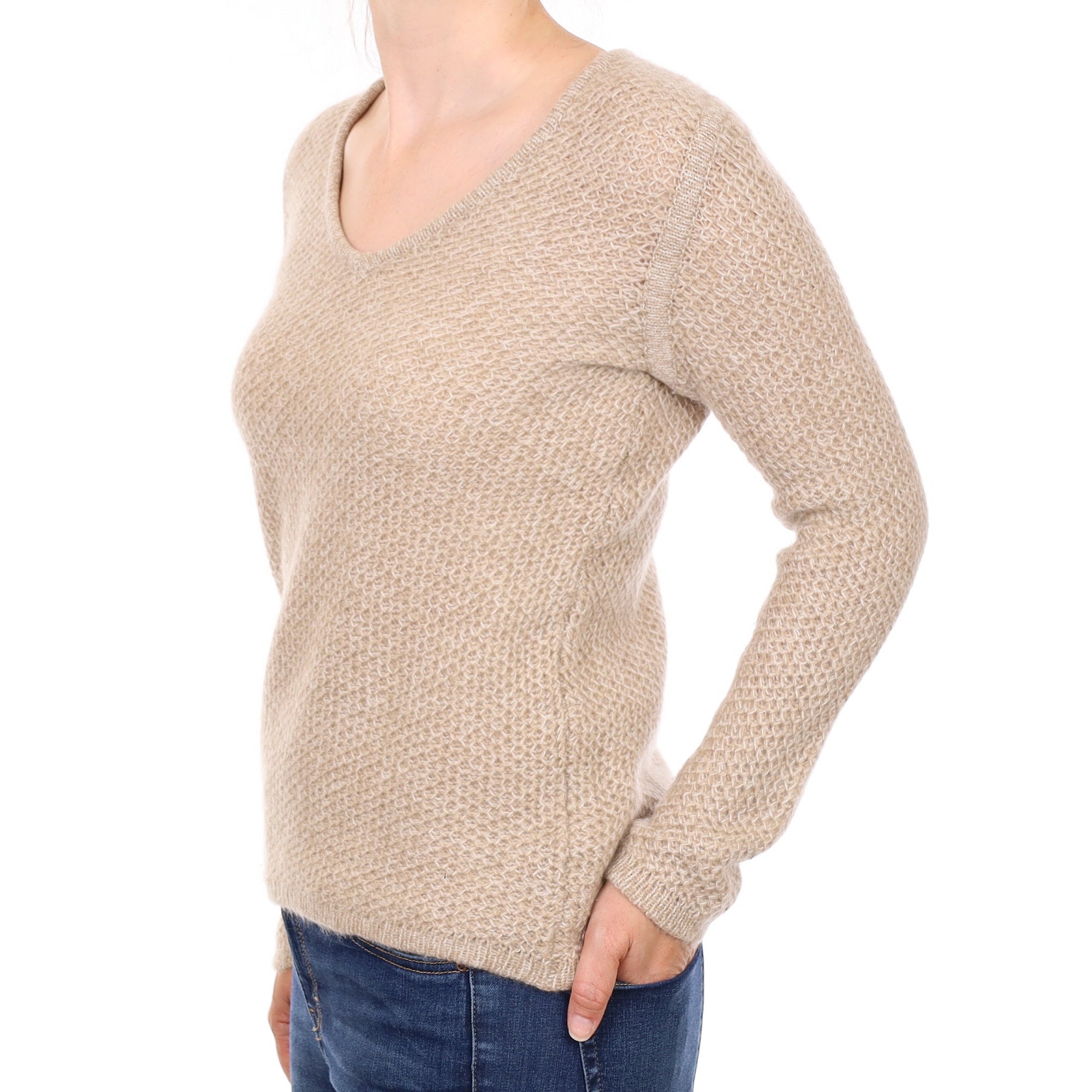 Fawn Chunky Textured Cashmere V Neck Jumper Small