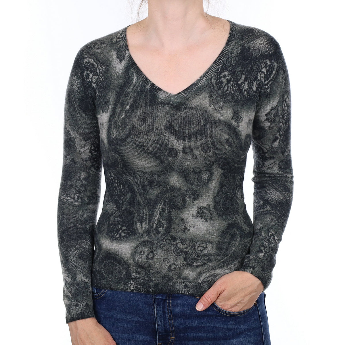Grey Paisley Cashmere V Neck Jumper Small